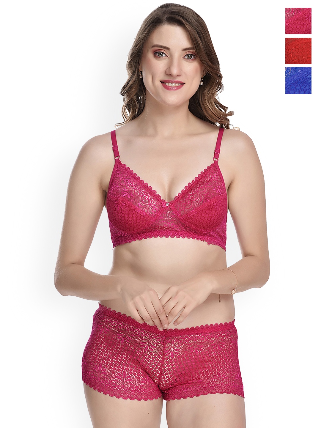 AROUSY Pack Of 3 Laced Cotton Lingerie Set, Red