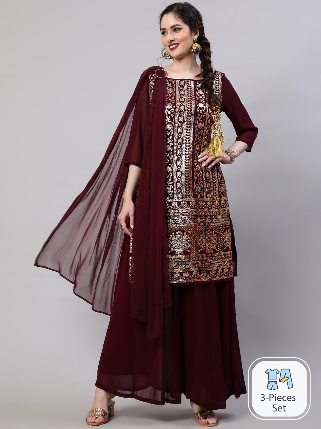 AKS Couture Floral Embroidered Regular Sequinned Kurta & Palazzos With Dupatta, Burgundy
AKS Couture Floral Embroidered Regular Sequinned Kurta & Palazzos With Dupatta, Burgundy