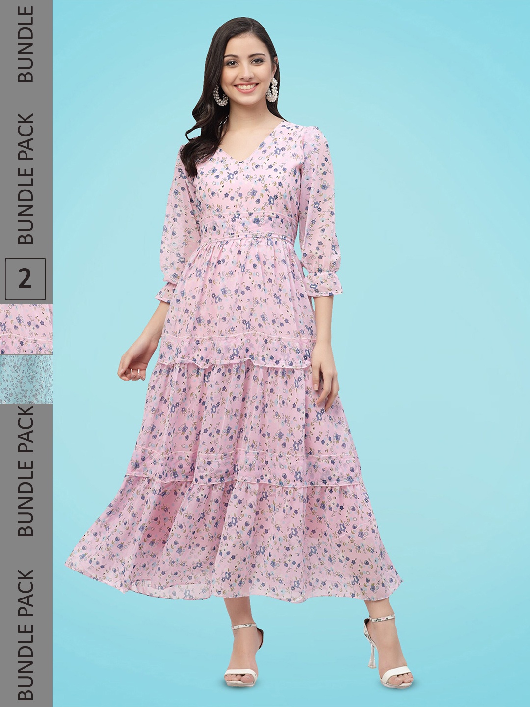 MISS AYSE Pack of 2 Floral Printed Georgette Fit and Flare Dresses, Pink