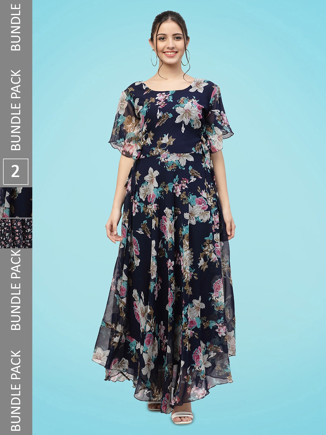 MISS AYSE Pack Of 2 Floral Printed Flared Sleeve Georgette A-line Maxi Dress, Navy blue
MISS AYSE Pack Of 2 Floral Printed Flared Sleeve Georgette A-line Maxi Dress, Navy blue