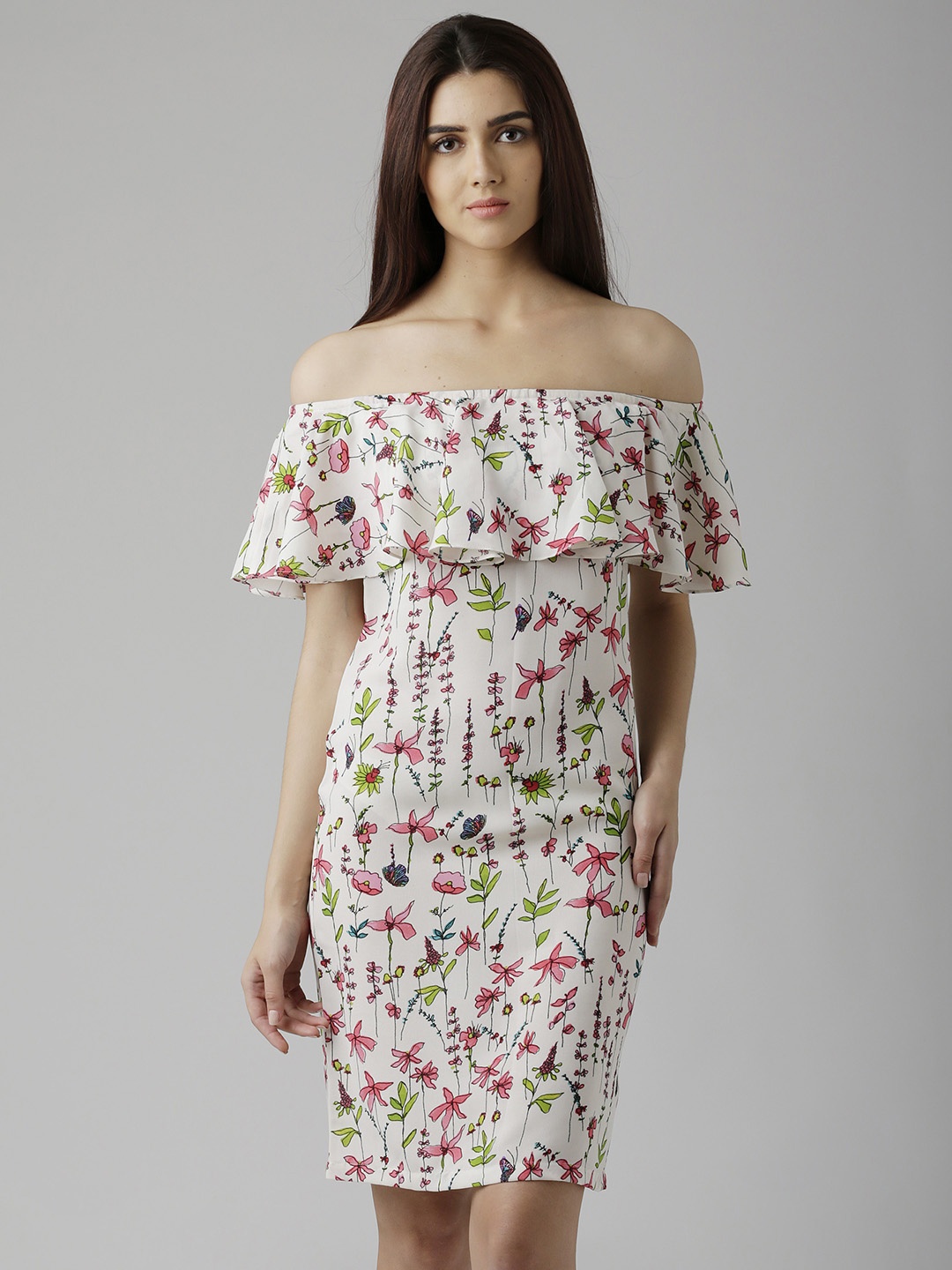 Miss Chase Women White Printed Fit and Flare Dress