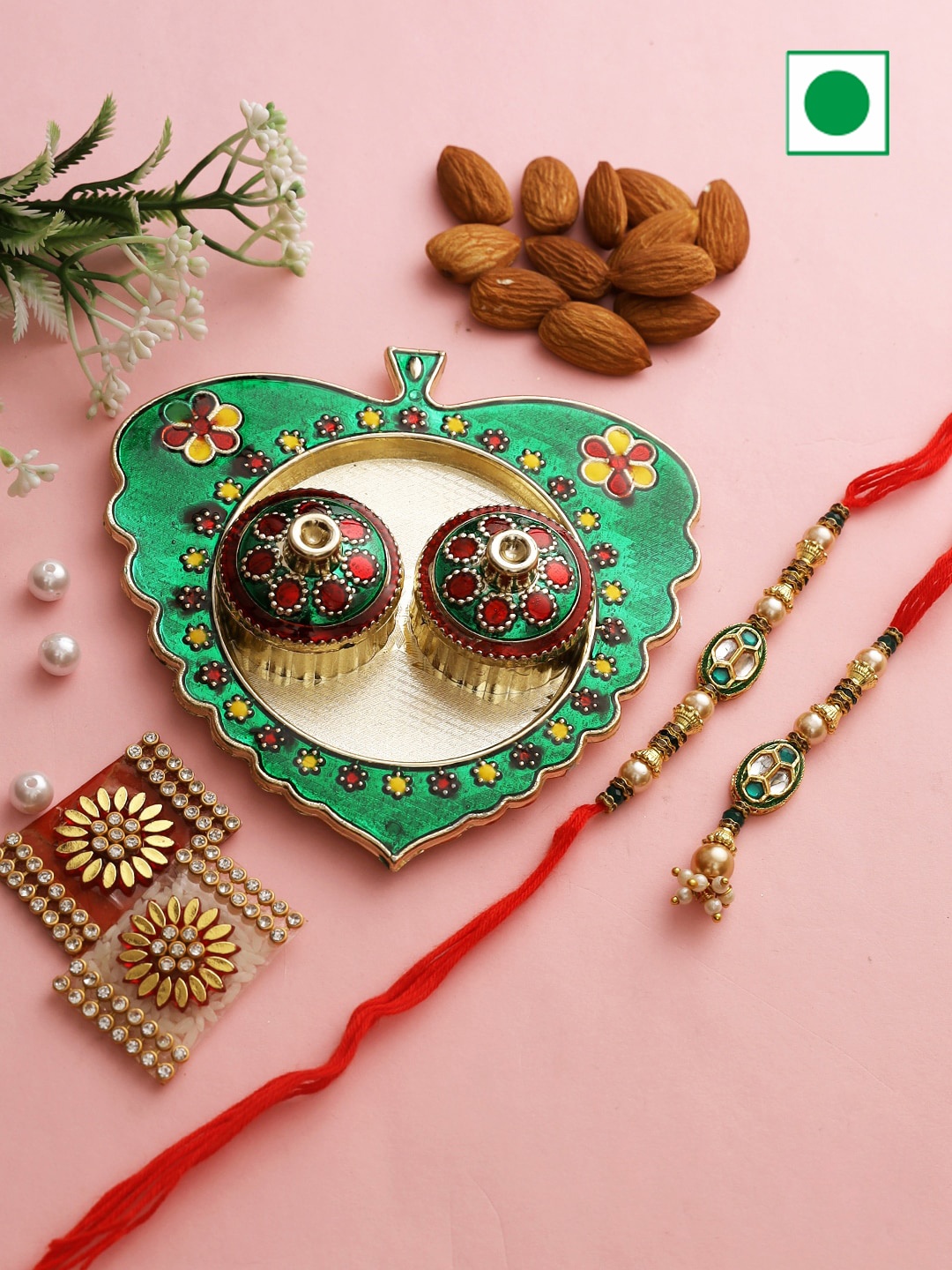 Aapno Rajasthan Almonds And Paan Leaf Roli Chawal Thali With Bhaiya Bhabhi Rakhi 200g, Gold
Aapno Rajasthan Almonds And Paan Leaf Roli Chawal Thali With Bhaiya Bhabhi Rakhi 200g, Gold
