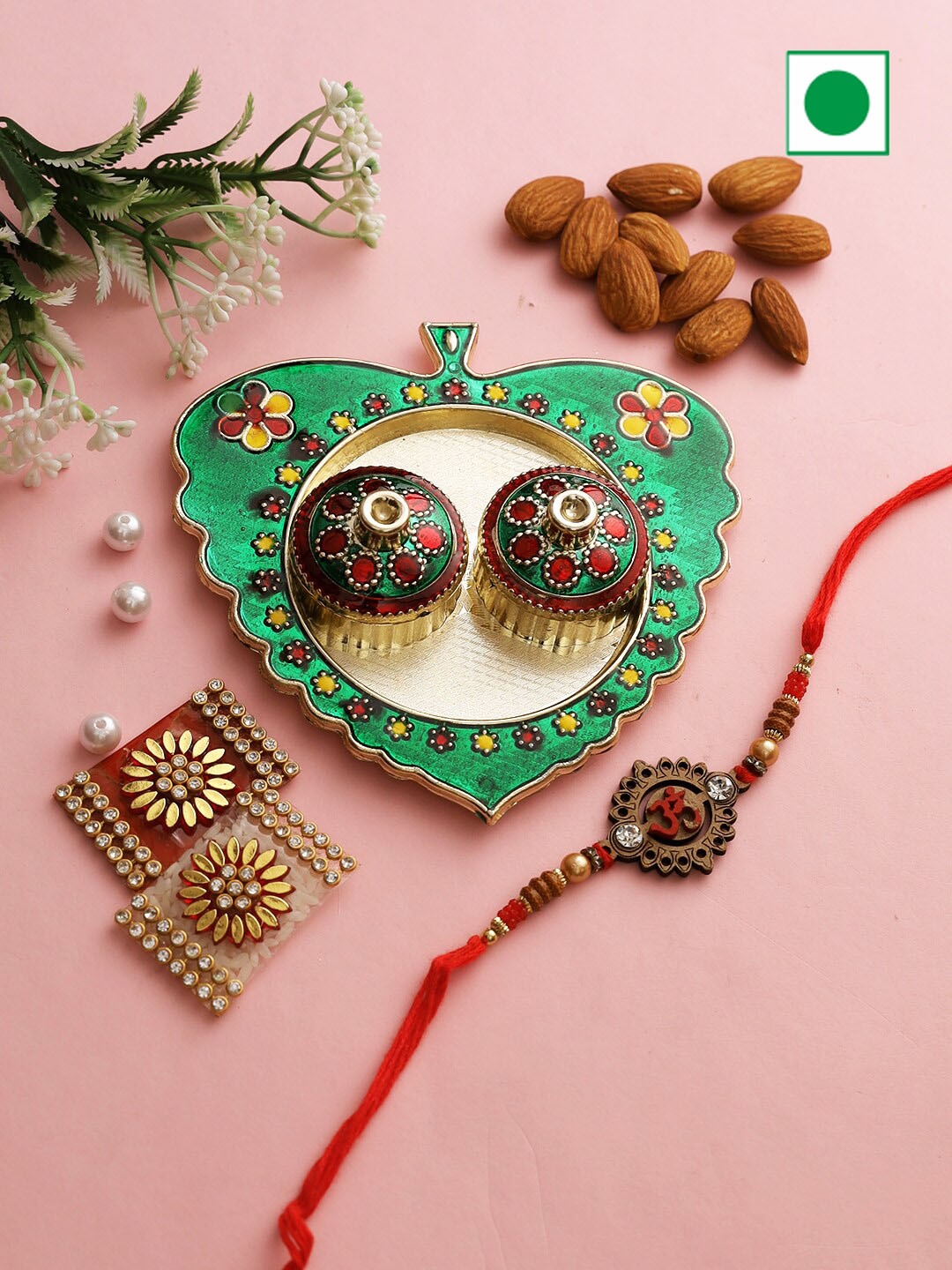 Aapno Rajasthan Traditional Style Paan Leaf Thali With Almonds And Rakhi 200gms, Gold
Aapno Rajasthan Traditional Style Paan Leaf Thali With Almonds And Rakhi 200gms, Gold