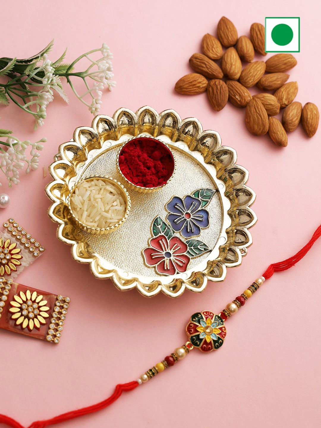 Aapno Rajasthan Colorful Floral Rakhi Pooja Thali With Almonds And Bhaiya Rakhi 200gms, Gold
Aapno Rajasthan Colorful Floral Rakhi Pooja Thali With Almonds And Bhaiya Rakhi 200gms, Gold