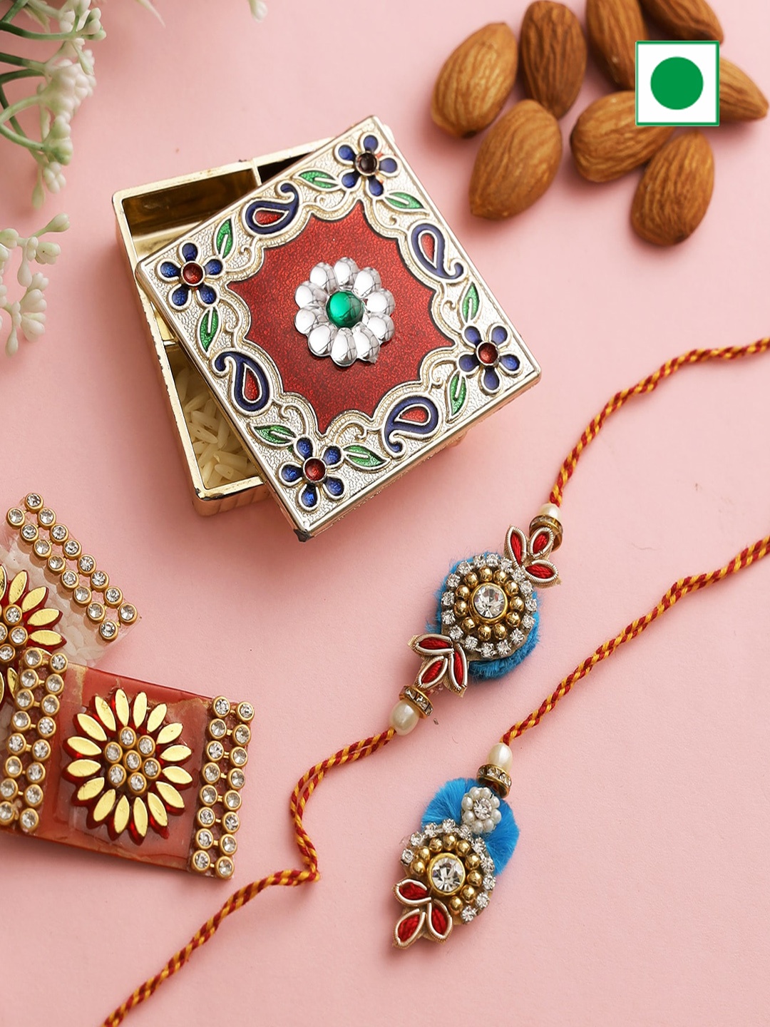 Aapno Rajasthan Square Shape Roli Chawal Box And Almonds With 2 Bhaiya Bhabhi Rakhi 200gm, Gold
Aapno Rajasthan Square Shape Roli Chawal Box And Almonds With 2 Bhaiya Bhabhi Rakhi 200gm, Gold