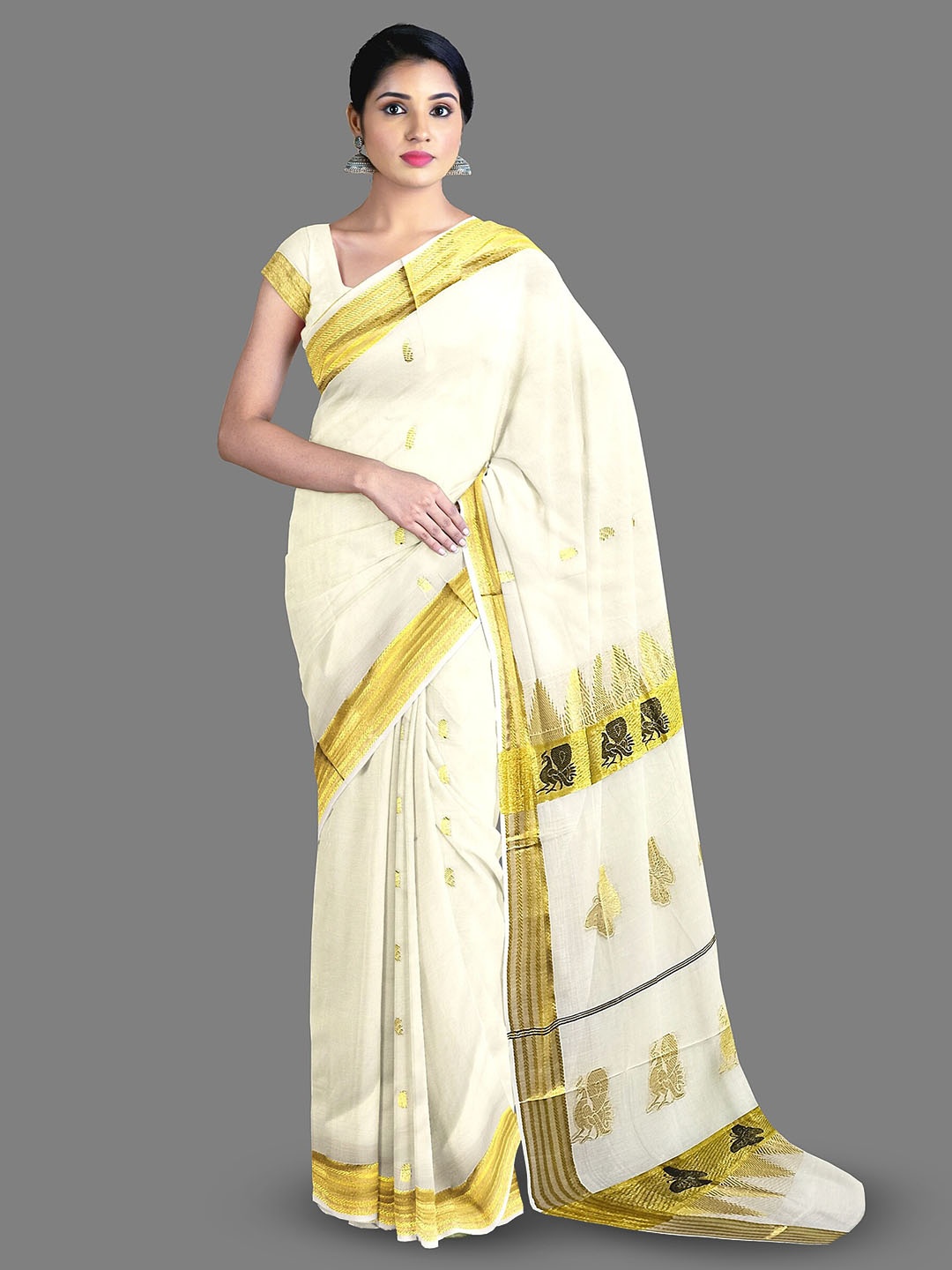 The Chennai Silks Ethnic Motifs Woven Design Zari Pure Cotton Kasavu Saree, Off white
The Chennai Silks Ethnic Motifs Woven Design Zari Pure Cotton Kasavu Saree, Off white