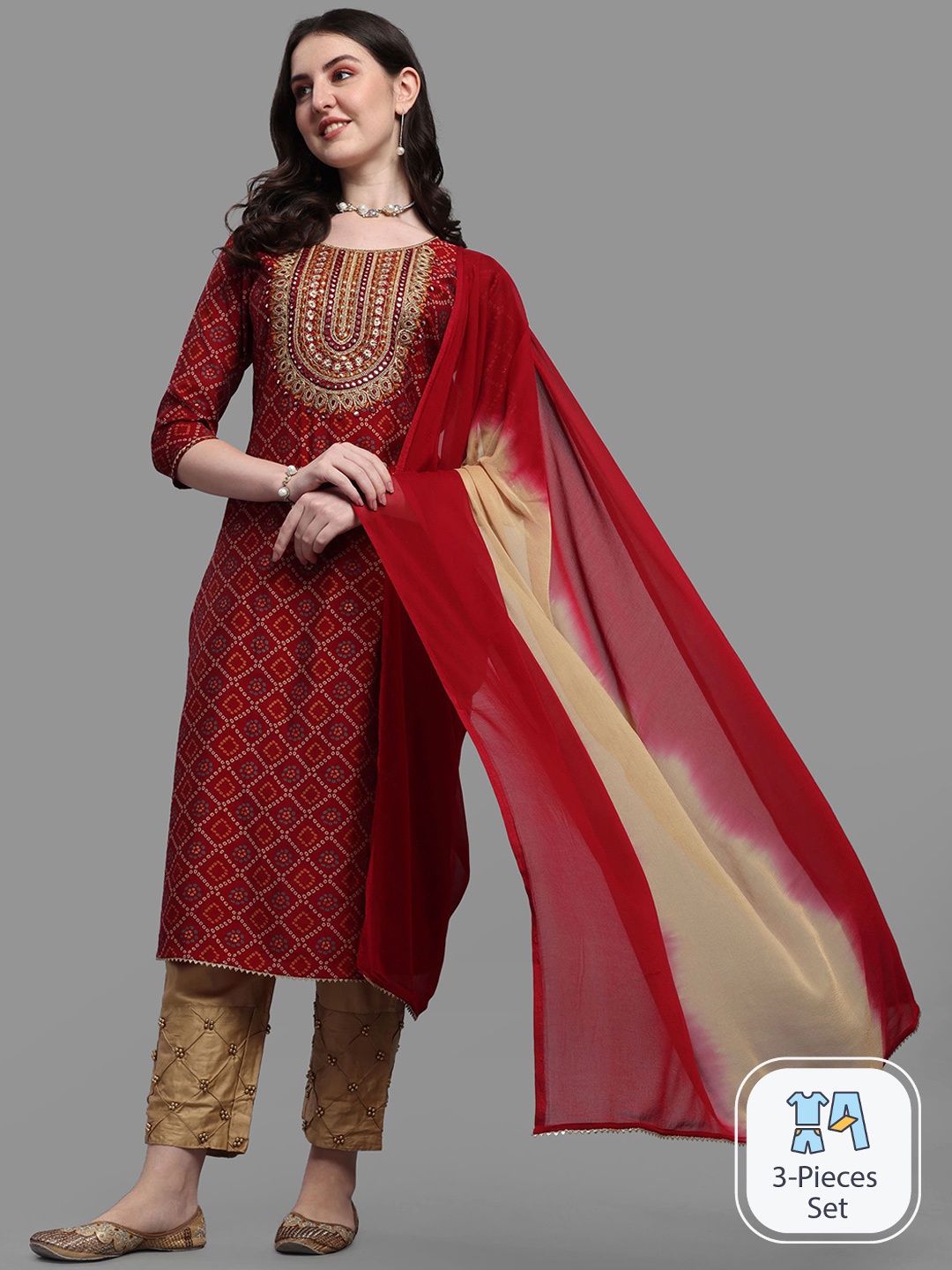 KALINI Bandhani Printed Mirror Work Chanderi Silk Kurta & Trousers With Dupatta, Red
KALINI Bandhani Printed Mirror Work Chanderi Silk Kurta & Trousers With Dupatta, Red