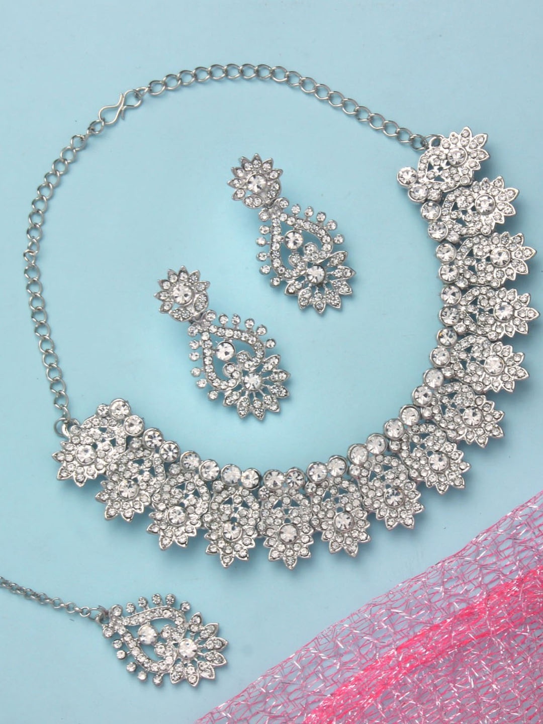Atasi International Rhodium-Plated Crystals-Studded Necklace With Earrings & Maang Tika, Silver
Atasi International Rhodium-Plated Crystals-Studded Necklace With Earrings & Maang Tika, Silver