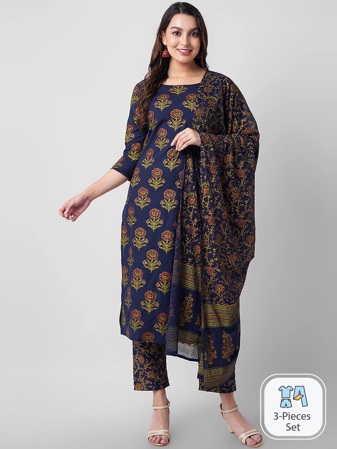 Arayna Ethnic Motifs Printed Pure Cotton Straight Kurta With Trousers & Dupatta, Navy blue
Arayna Ethnic Motifs Printed Pure Cotton Straight Kurta With Trousers & Dupatta, Navy blue