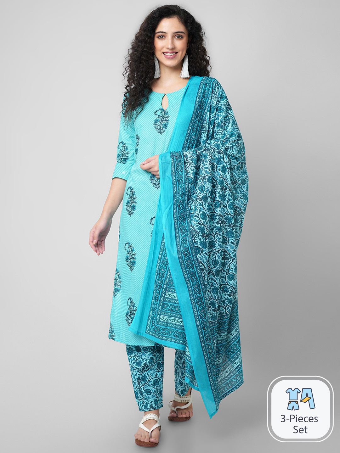 Arayna Floral Printed Keyhole Neck Pure Cotton Kurta with Trousers & With Dupatta, Blue
Arayna Floral Printed Keyhole Neck Pure Cotton Kurta with Trousers & With Dupatta, Blue