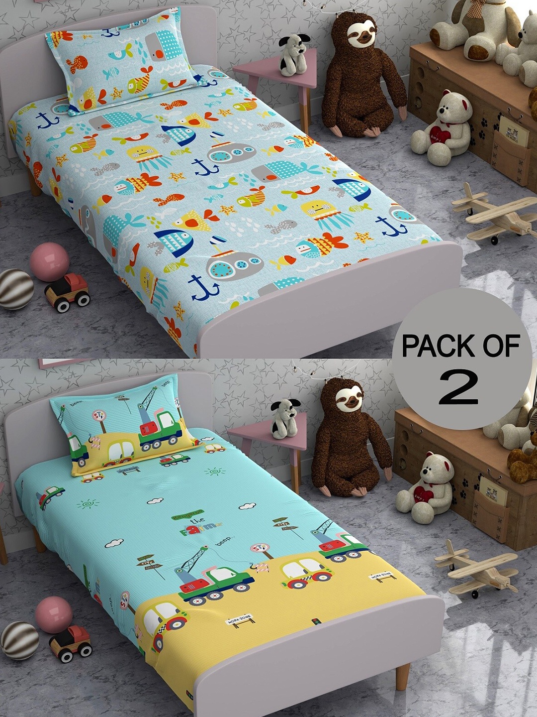 CHHAVI INDIA Blue & Yellow Conversational 210 TC 2 Single Bedsheet with 2 Pillow Covers
CHHAVI INDIA Blue & Yellow Conversational 210 TC 2 Single Bedsheet with 2 Pillow Covers