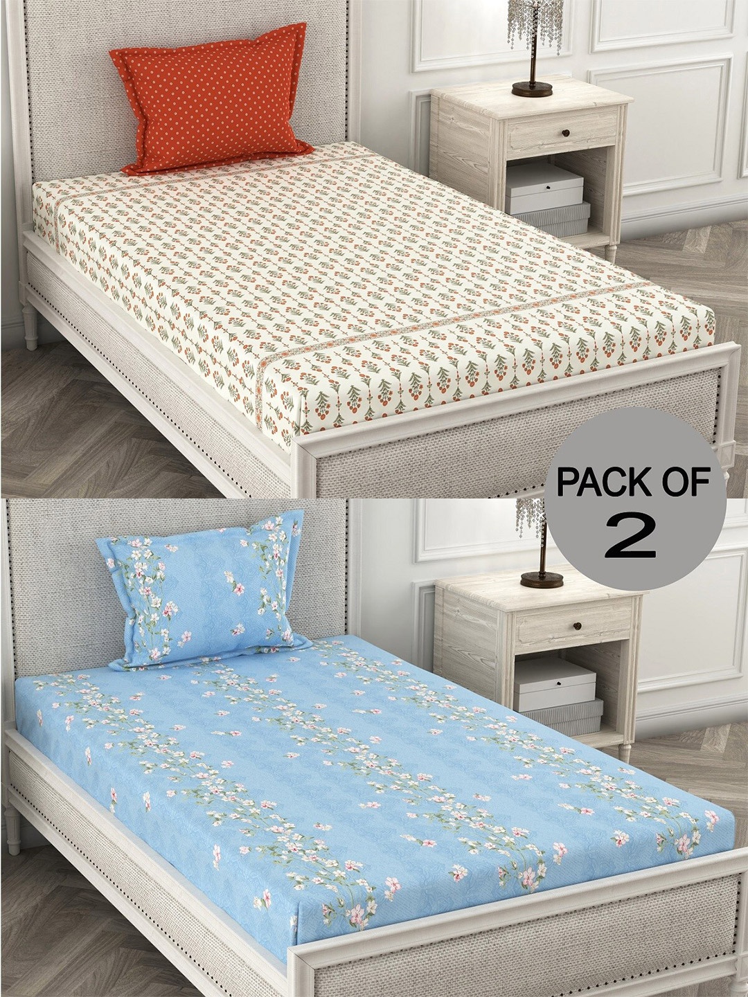 CHHAVI INDIA Blue & Orange Floral Polycotton 210 TC 2 Single Bedsheet With 4 Pillow Covers
CHHAVI INDIA Blue & Orange Floral Polycotton 210 TC 2 Single Bedsheet With 4 Pillow Covers