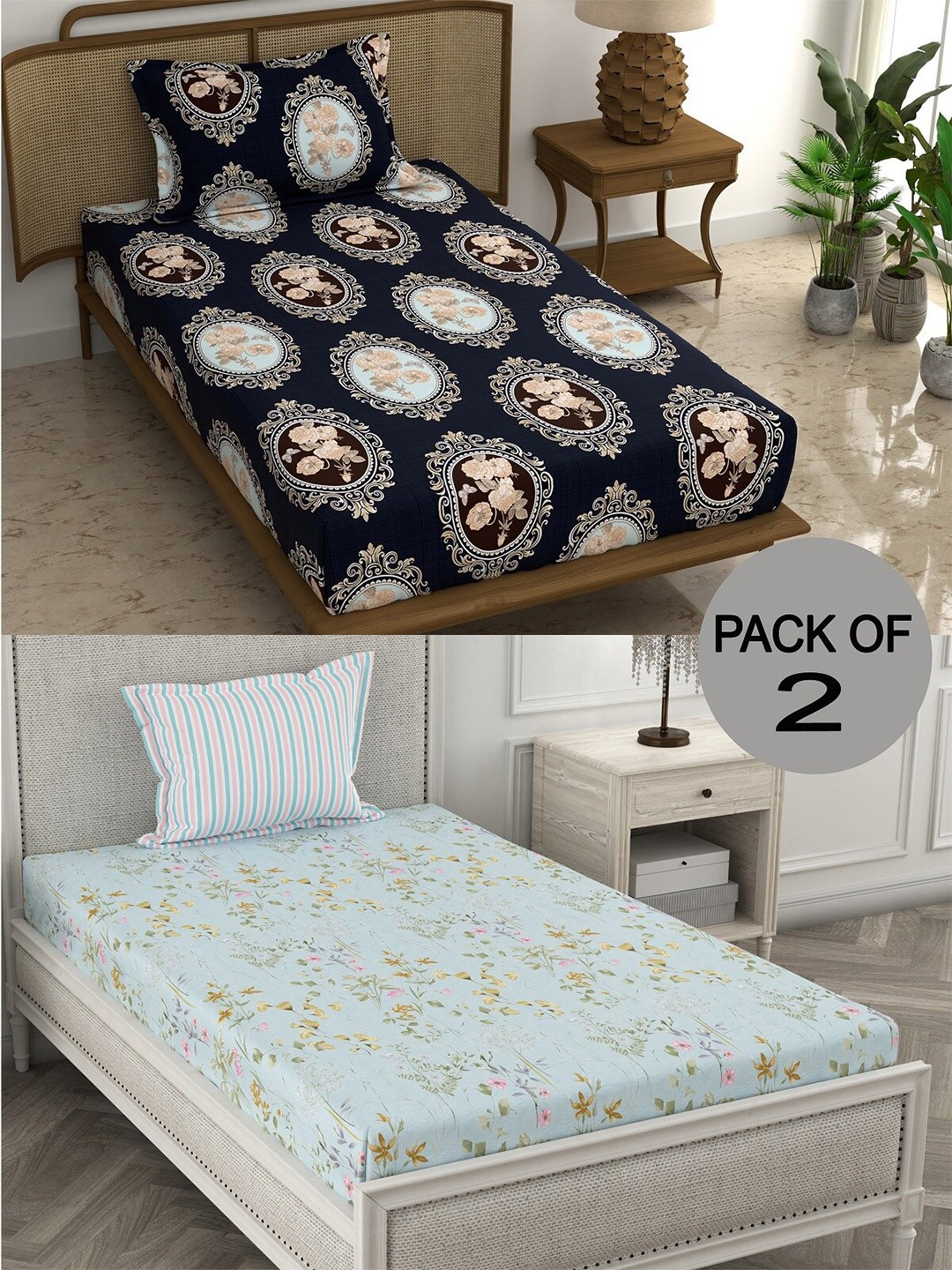 CHHAVI INDIA Blue & Navy Blue Ethnic Motifs 210 TC 2 Single Bedsheet with 2 Pillow Covers
CHHAVI INDIA Blue & Navy Blue Ethnic Motifs 210 TC 2 Single Bedsheet with 2 Pillow Covers