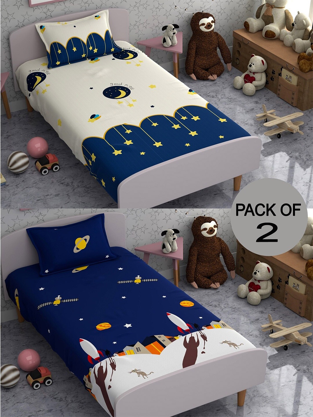CHHAVI INDIA Blue & White Conversational 210 TC 2 Single Bedsheet with 2 Pillow Covers
CHHAVI INDIA Blue & White Conversational 210 TC 2 Single Bedsheet with 2 Pillow Covers