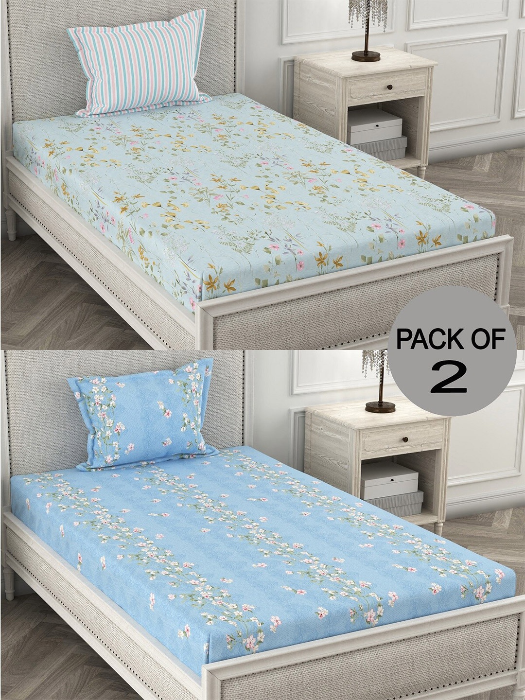 CHHAVI INDIA Blue & Green Floral Printed 210 TC 2 Single Bedsheet With 4 Pillow Covers
CHHAVI INDIA Blue & Green Floral Printed 210 TC 2 Single Bedsheet With 4 Pillow Covers