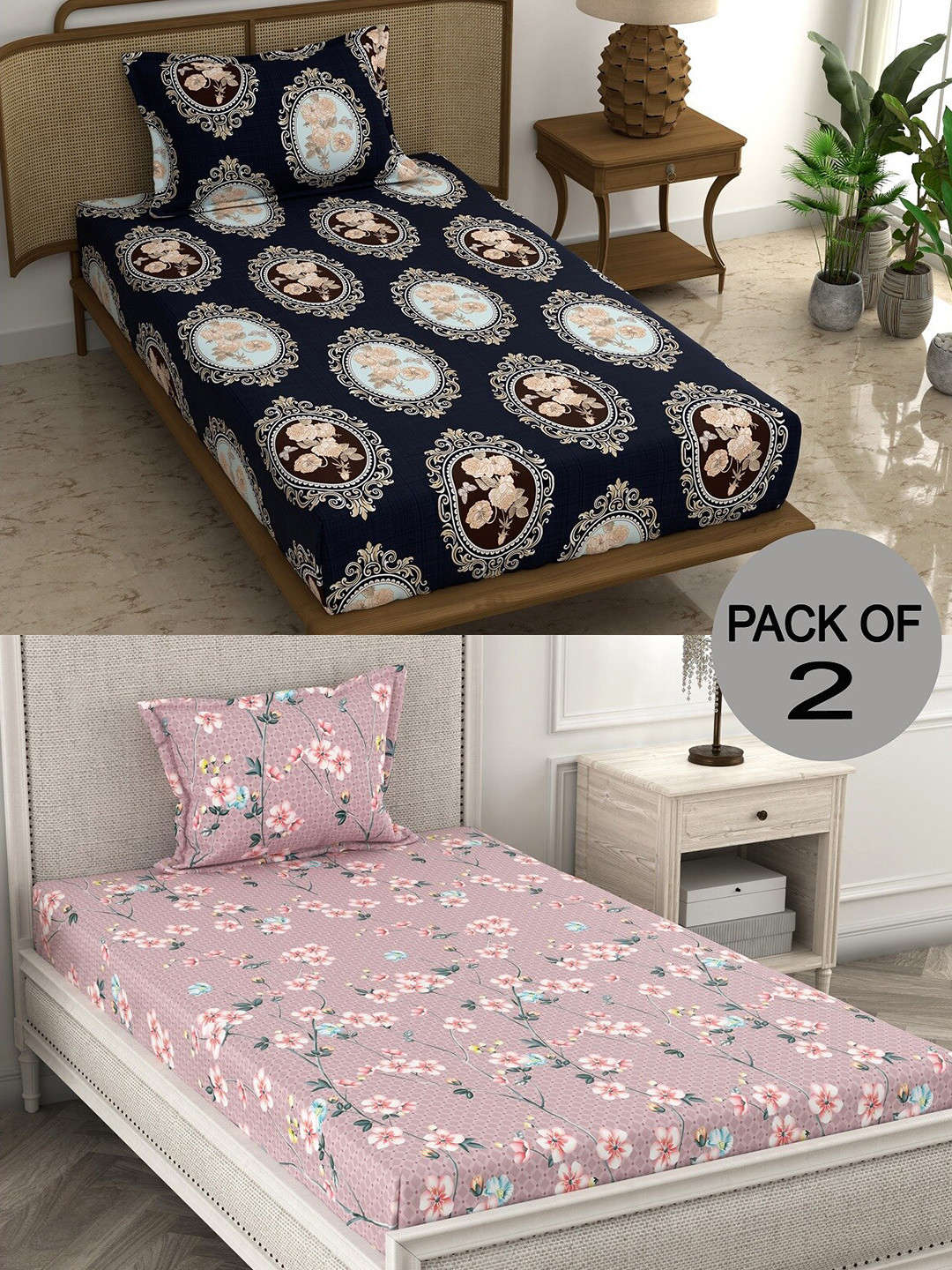 CHHAVI INDIA Purple & Navy Blue Floral 210 TC 2 Single Bedsheet With 4 Pillow Coversrs
CHHAVI INDIA Purple & Navy Blue Floral 210 TC 2 Single Bedsheet With 4 Pillow Coversrs