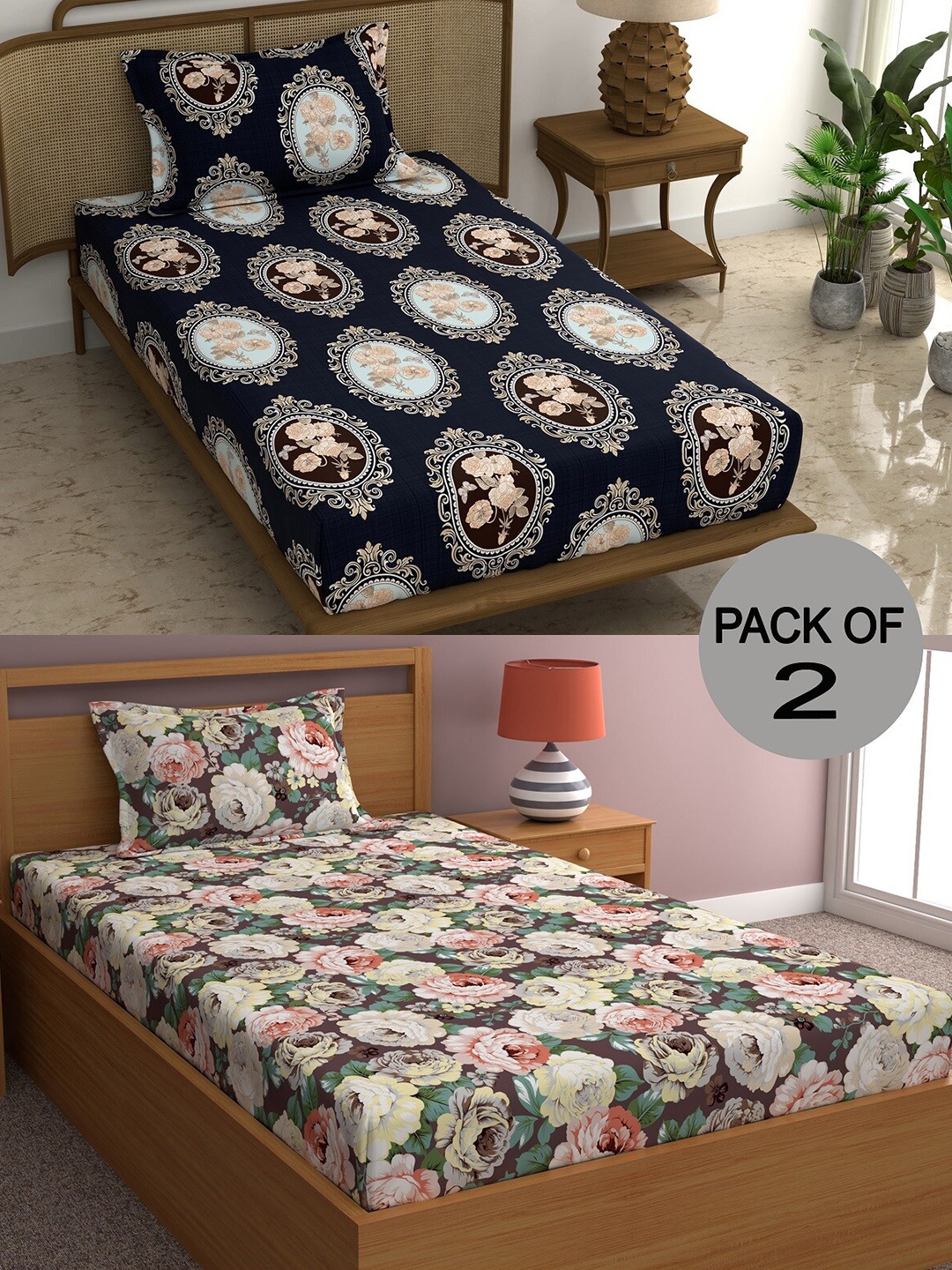 CHHAVI INDIA Brown & Navy Blue Floral 210 TC 2 Single Bedsheet With 4 Pillow Coversrs
CHHAVI INDIA Brown & Navy Blue Floral 210 TC 2 Single Bedsheet With 4 Pillow Coversrs