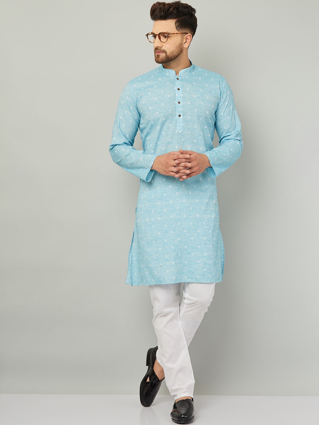 Armaan Ethnic Woven Design Mandarin Collar Regular Pure Cotton Kurta with Pyjamas, Blue
Armaan Ethnic Woven Design Mandarin Collar Regular Pure Cotton Kurta with Pyjamas, Blue