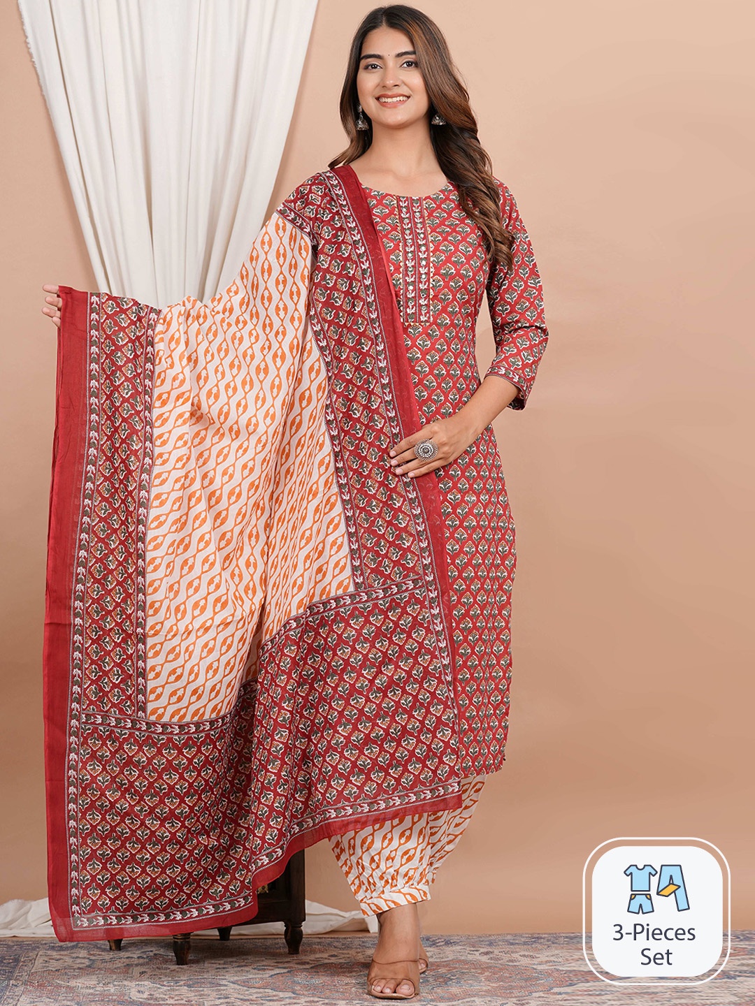ZOYOTO Floral Printed Regular Pure Cotton Kurta With Harem Pants & With Dupatta, Maroon
ZOYOTO Floral Printed Regular Pure Cotton Kurta With Harem Pants & With Dupatta, Maroon