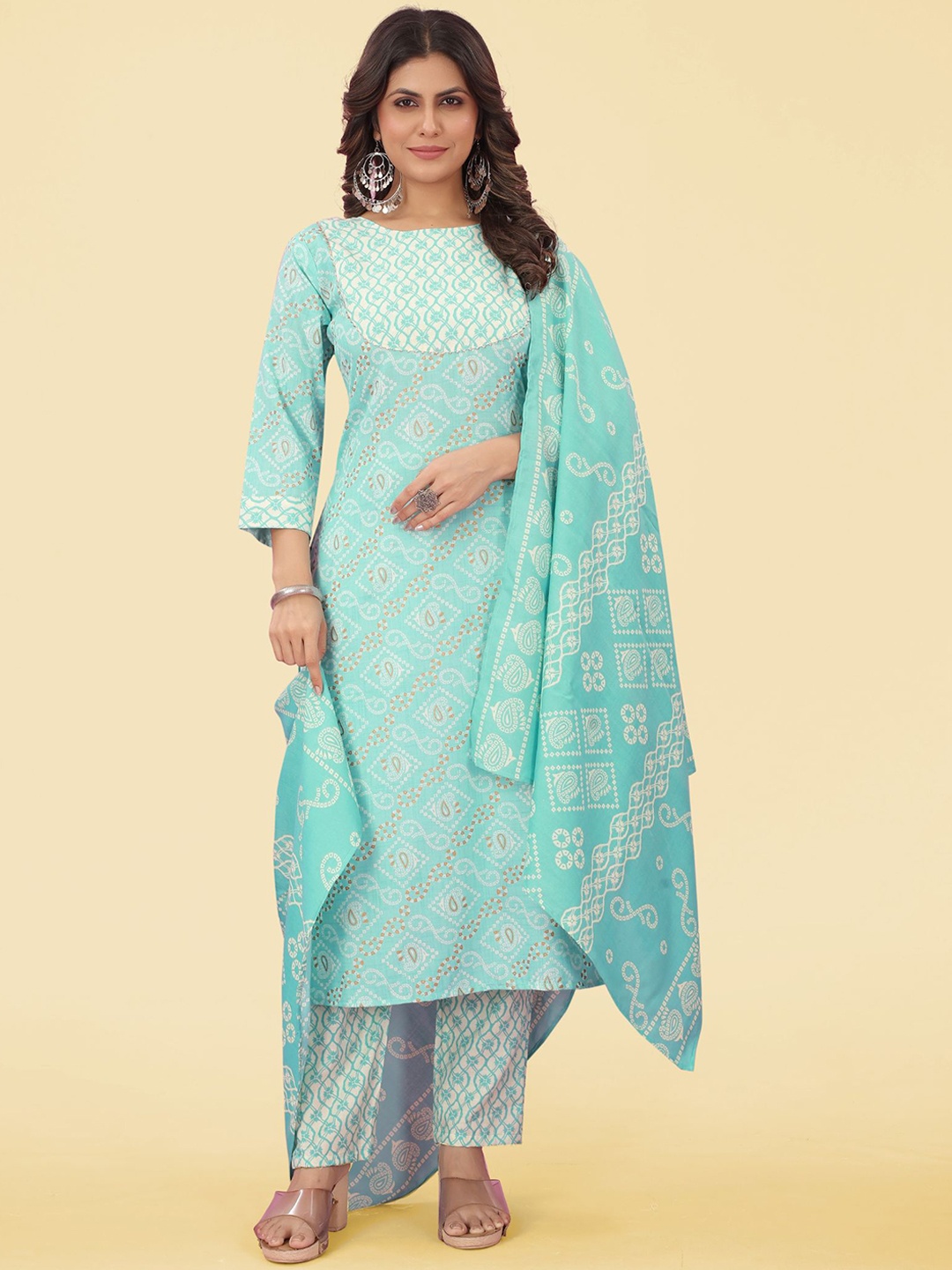 PREMROOP- THE STYLE YOU LOVE Bandhani Printed Gotta Patti Kurta With Trousers & Dupatta, Turquoise blue
PREMROOP- THE STYLE YOU LOVE Bandhani Printed Gotta Patti Kurta With Trousers & Dupatta, Turquoise blue