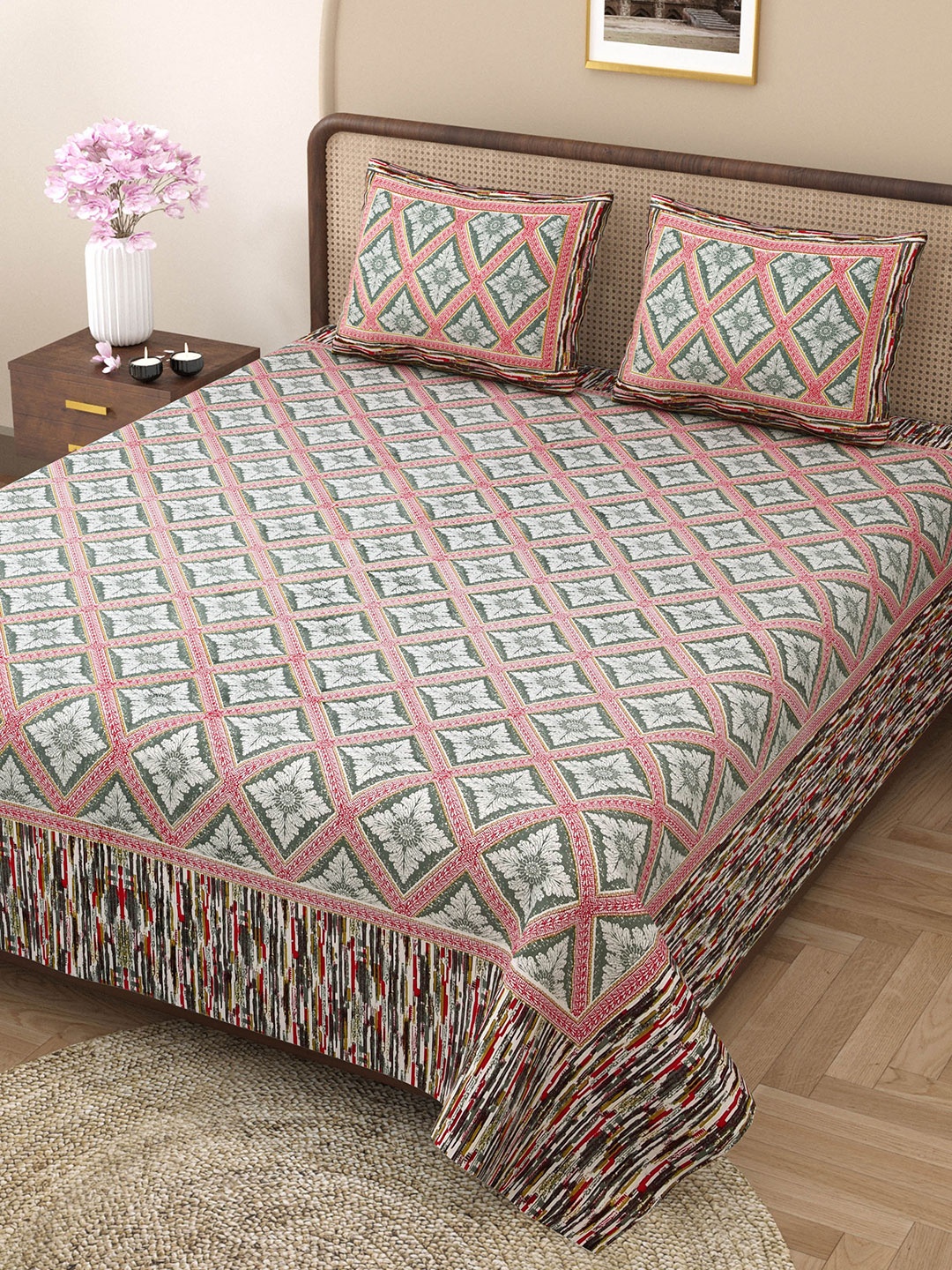Rajasthanikart Pink & Grey Geometric Pure Cotton 144 TC King Bedsheet with 2 Pillow Covers
Rajasthanikart Pink & Grey Geometric Pure Cotton 144 TC King Bedsheet with 2 Pillow Covers