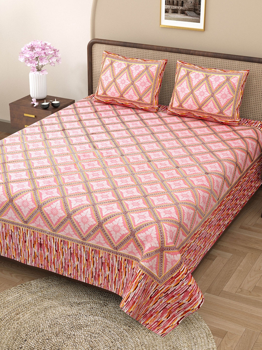 Rajasthanikart Pink & Maroon Pure Cotton 144 TC King Bedsheet with 2 Pillow Covers
Rajasthanikart Pink & Maroon Pure Cotton 144 TC King Bedsheet with 2 Pillow Covers