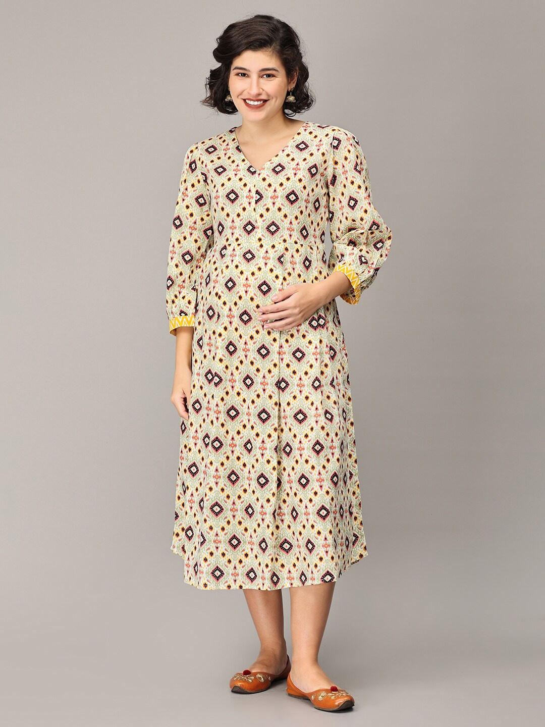 The Mom Store Geometric Printed V-Neck Puff Sleeves Maternity A-Line Midi Dress, Yellow
The Mom Store Geometric Printed V-Neck Puff Sleeves Maternity A-Line Midi Dress, Yellow