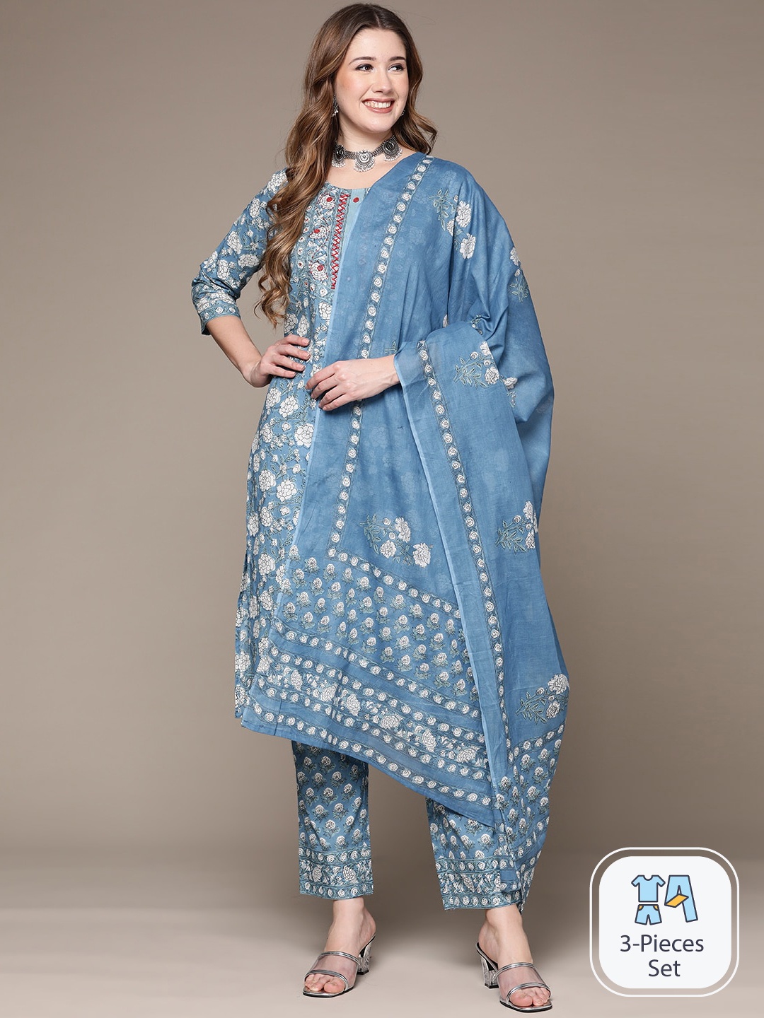 Anubhutee Floral Printed Mirror Work Pure Cotton Straight Kurta With Trousers & Dupatta, Blue
Anubhutee Floral Printed Mirror Work Pure Cotton Straight Kurta With Trousers & Dupatta, Blue