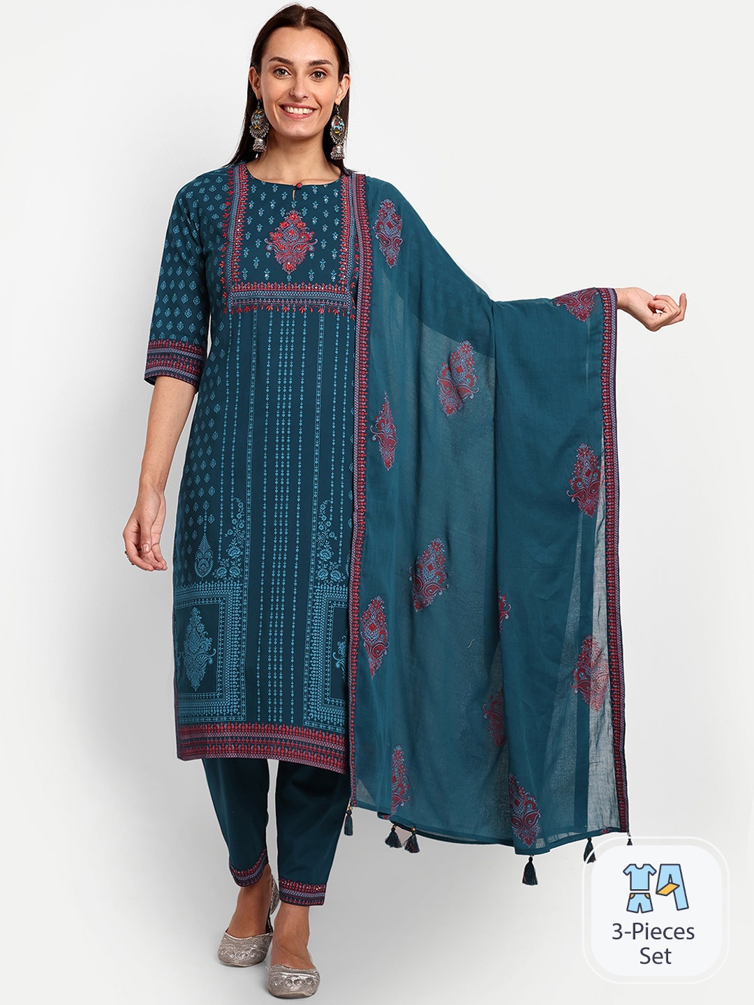 KAVITA GUPTA Ethnic Motifs Embroidered Pure Cotton Kurta With Palazzos & Dupatta, Teal
KAVITA GUPTA Ethnic Motifs Embroidered Pure Cotton Kurta With Palazzos & Dupatta, Teal