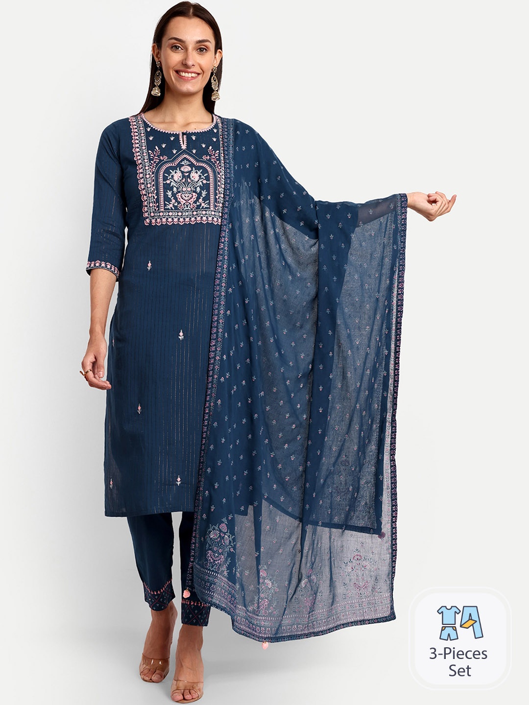 KAVITA GUPTA Floral Embroidered Thread Work Pure Cotton Kurta with Trousers & Dupatta, Blue
KAVITA GUPTA Floral Embroidered Thread Work Pure Cotton Kurta with Trousers & Dupatta, Blue