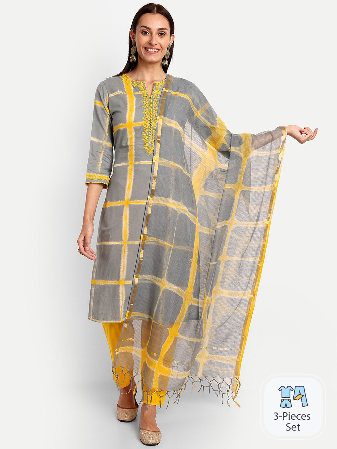 KAVITA GUPTA Tie And Dye Thread Work Pure Cotton Straight Kurta With Trousers & Dupatt, Grey
KAVITA GUPTA Tie And Dye Thread Work Pure Cotton Straight Kurta With Trousers & Dupatt, Grey
