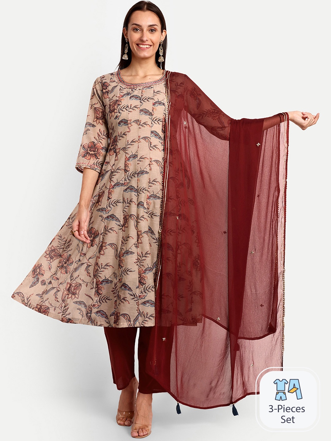 KAVITA GUPTA Floral Printed Anarkali Thread Work Chanderi Cotton Kurta Set With Dupatta, Beige
KAVITA GUPTA Floral Printed Anarkali Thread Work Chanderi Cotton Kurta Set With Dupatta, Beige