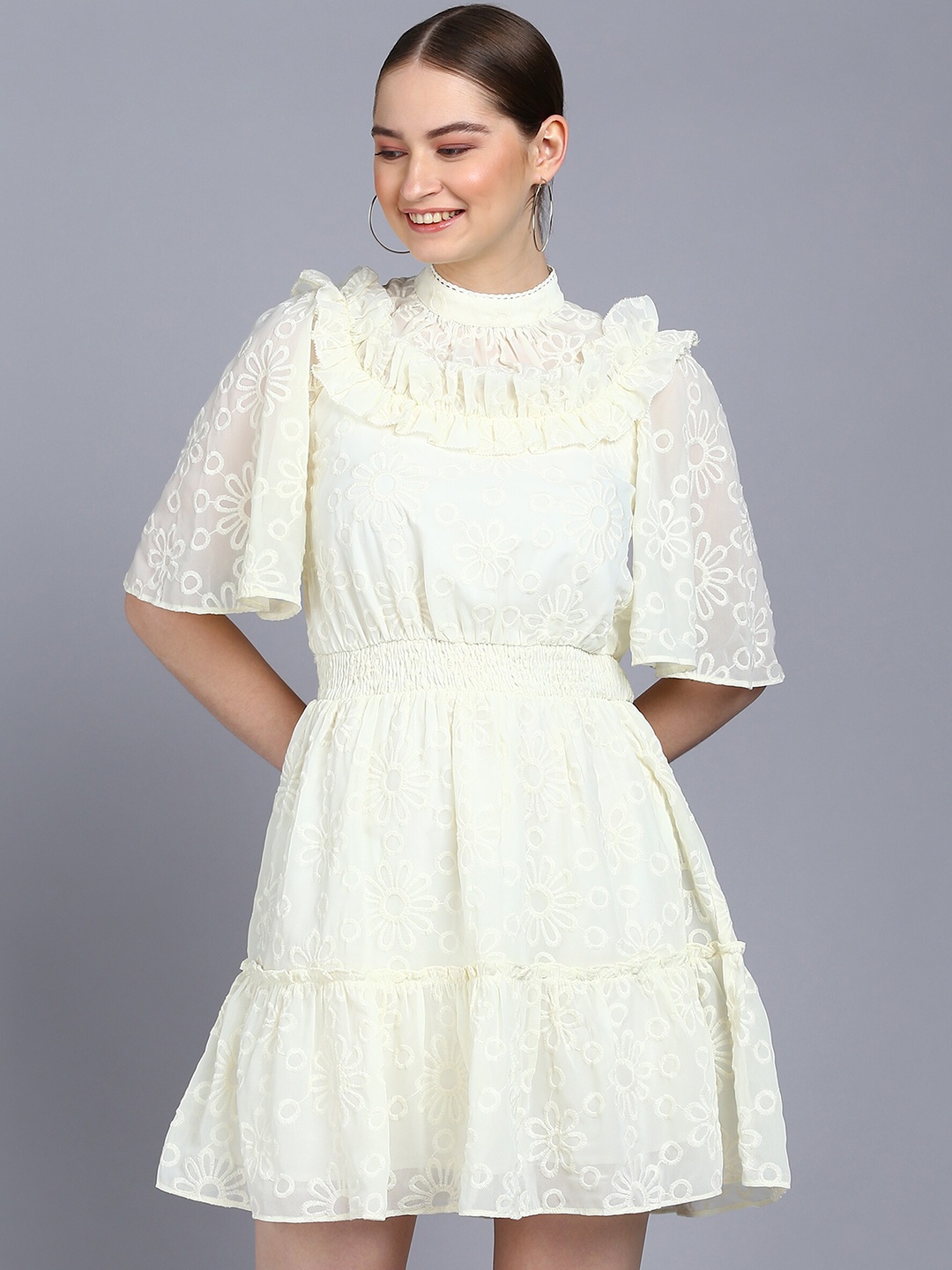 Mast & Harbour Off White Self Design High Neck Flared Sleeves Fit & Flare Mini Dress
Mast & Harbour Off White Self Design High Neck Flared Sleeves Fit & Flare Mini Dress