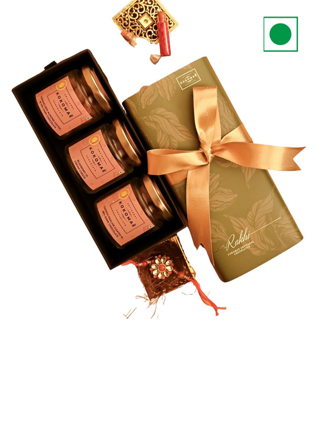 Kokomae Artisanal Chocolate Belgian & Indian Chocolate Coated Nuts with Rakhi, Orange
Kokomae Artisanal Chocolate Belgian & Indian Chocolate Coated Nuts with Rakhi, Orange