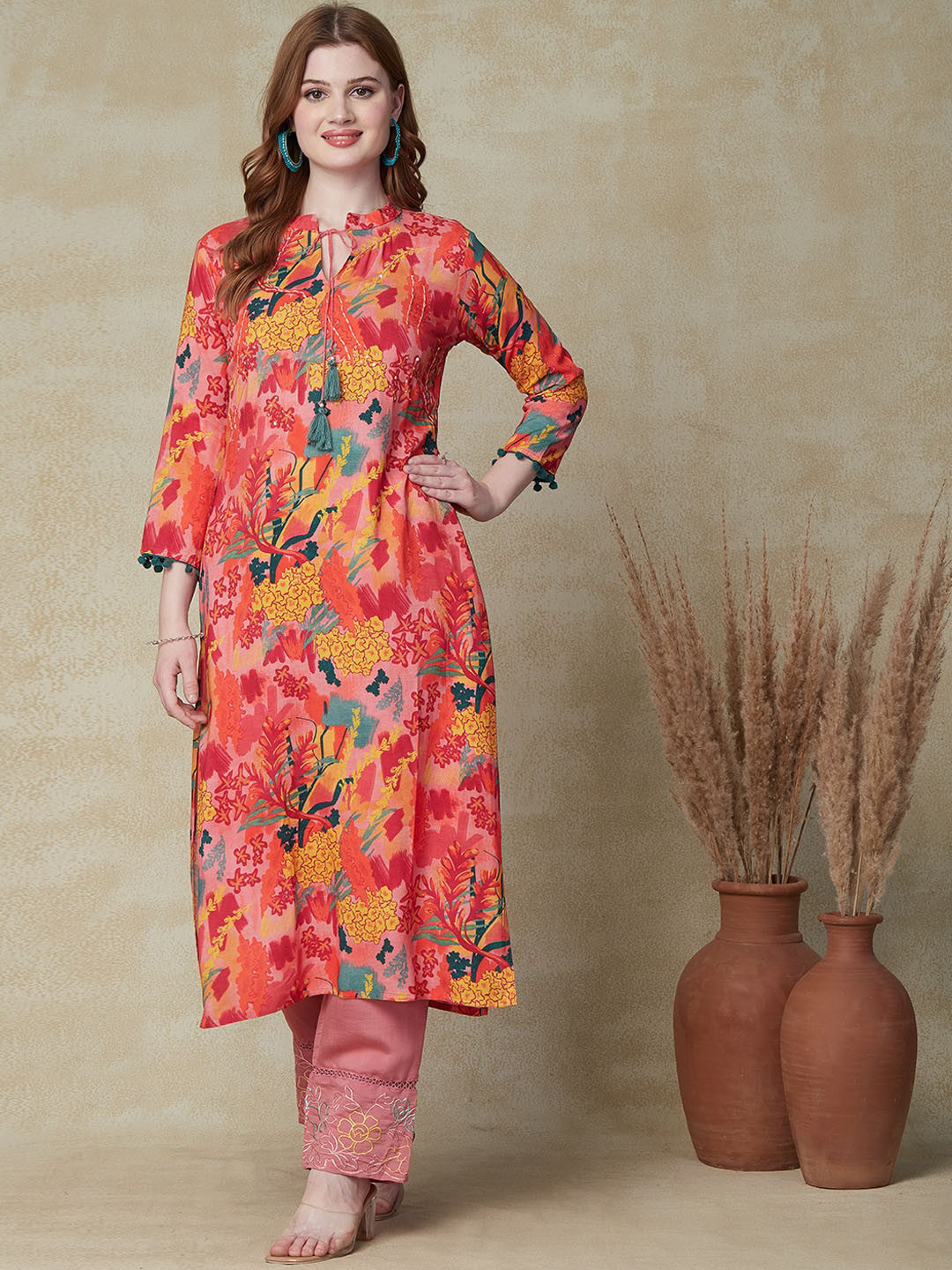 FASHOR Floral Printed Tie-Up Neck Straight Kurta, Pink 
FASHOR Floral Printed Tie-Up Neck Straight Kurta, Pink
