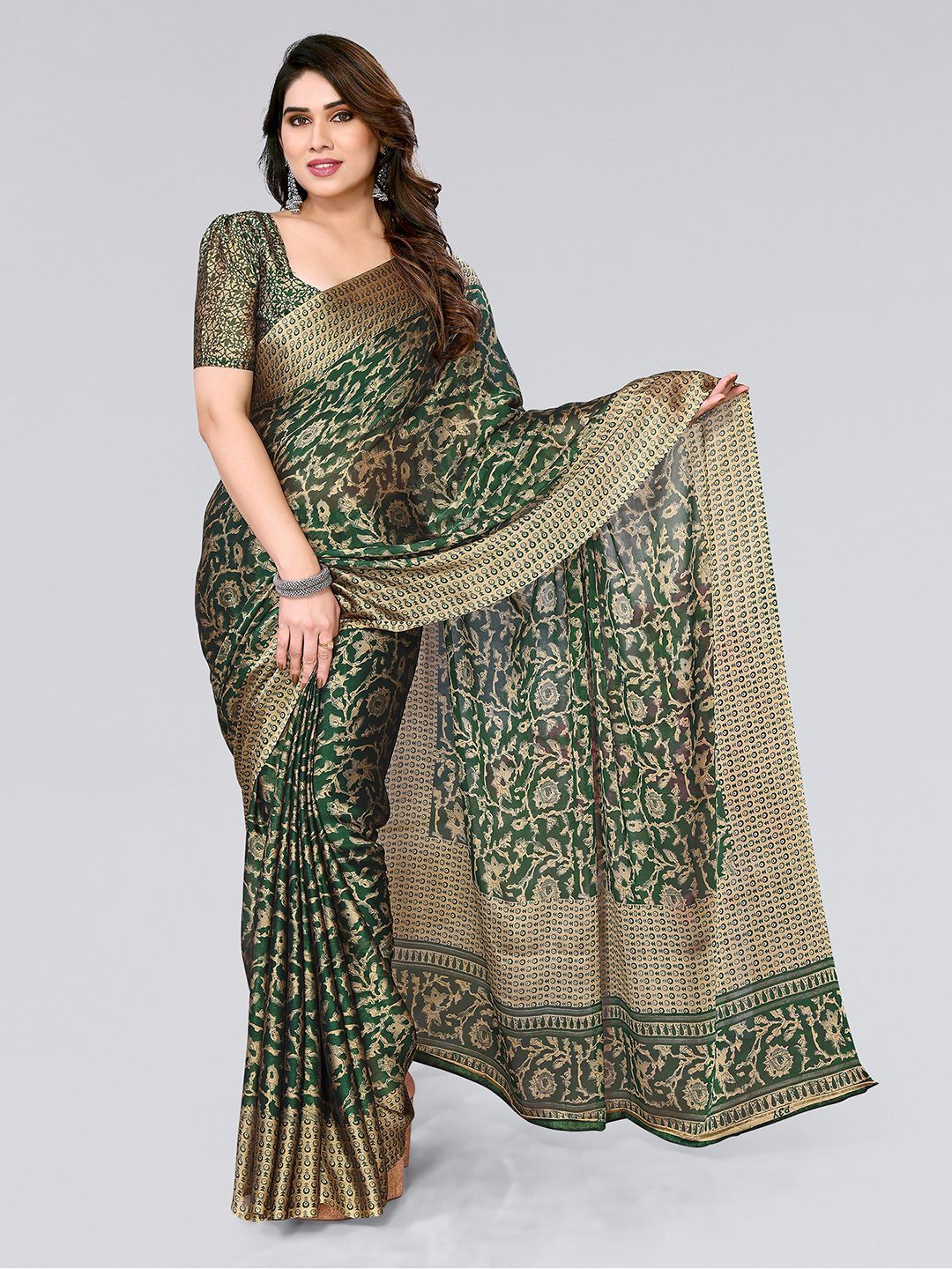 KALINI Floral Printed Saree, Green