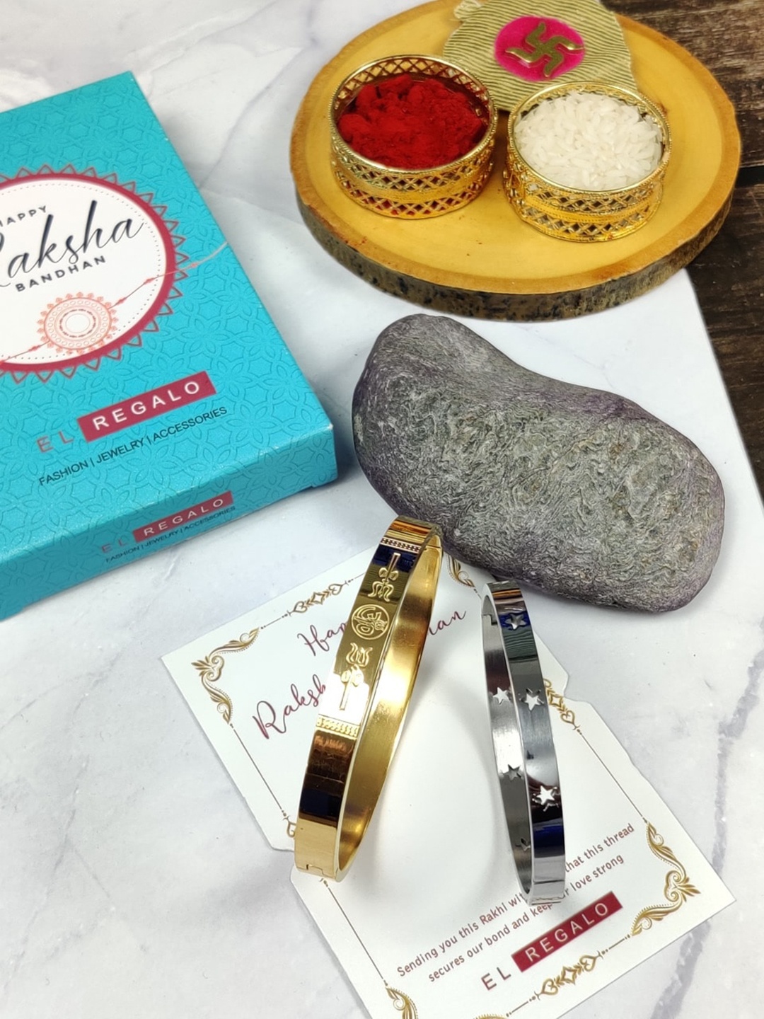 EL REGALO Bhaiya Bhabhi Set Of 2 Kada Bracelet Stainless Steel Rakhi With Roli Chawal Card, Silver
EL REGALO Bhaiya Bhabhi Set Of 2 Kada Bracelet Stainless Steel Rakhi With Roli Chawal Card, Silver