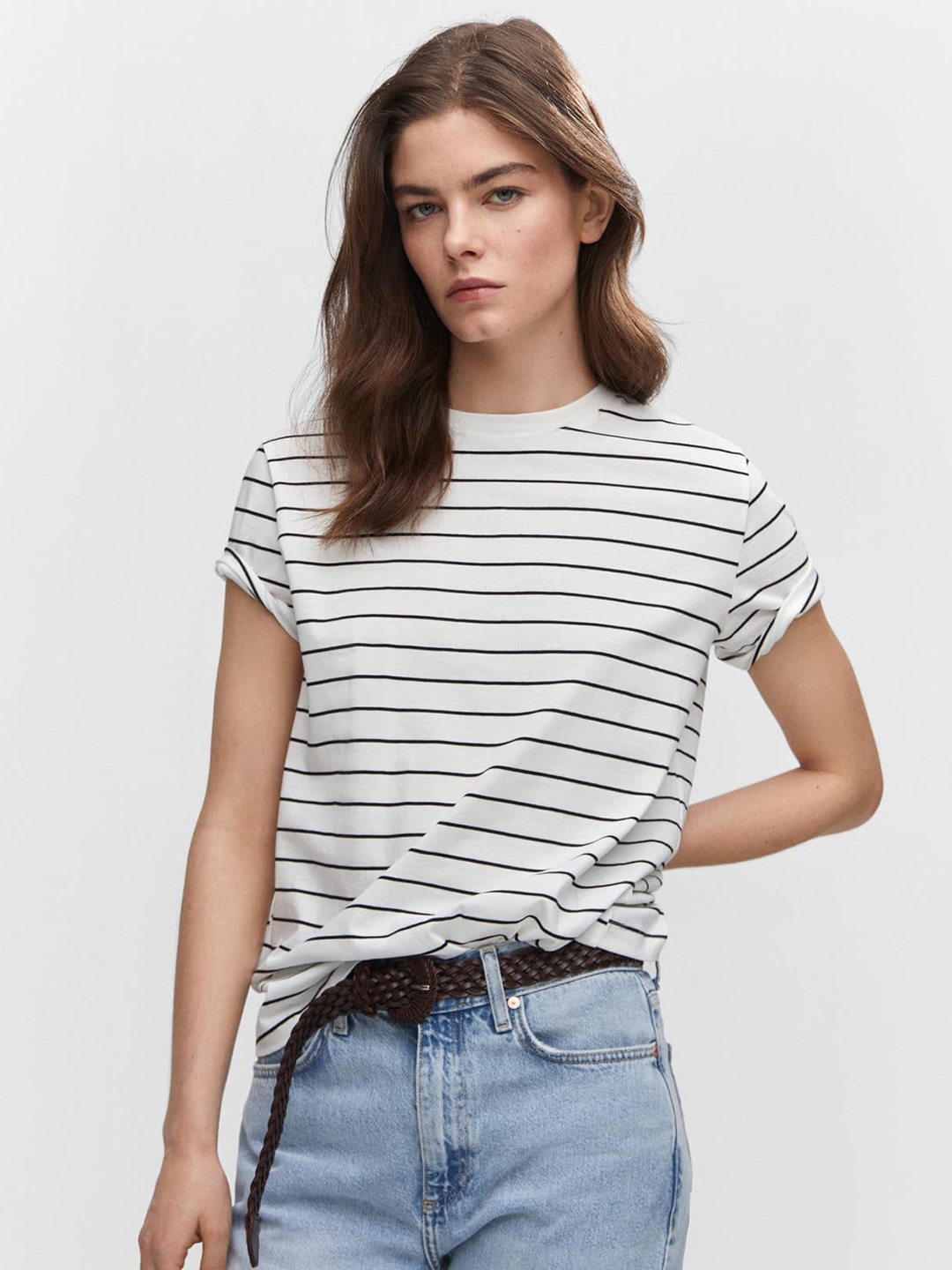 MANGO Women Striped Pure Cotton T-shirt, White