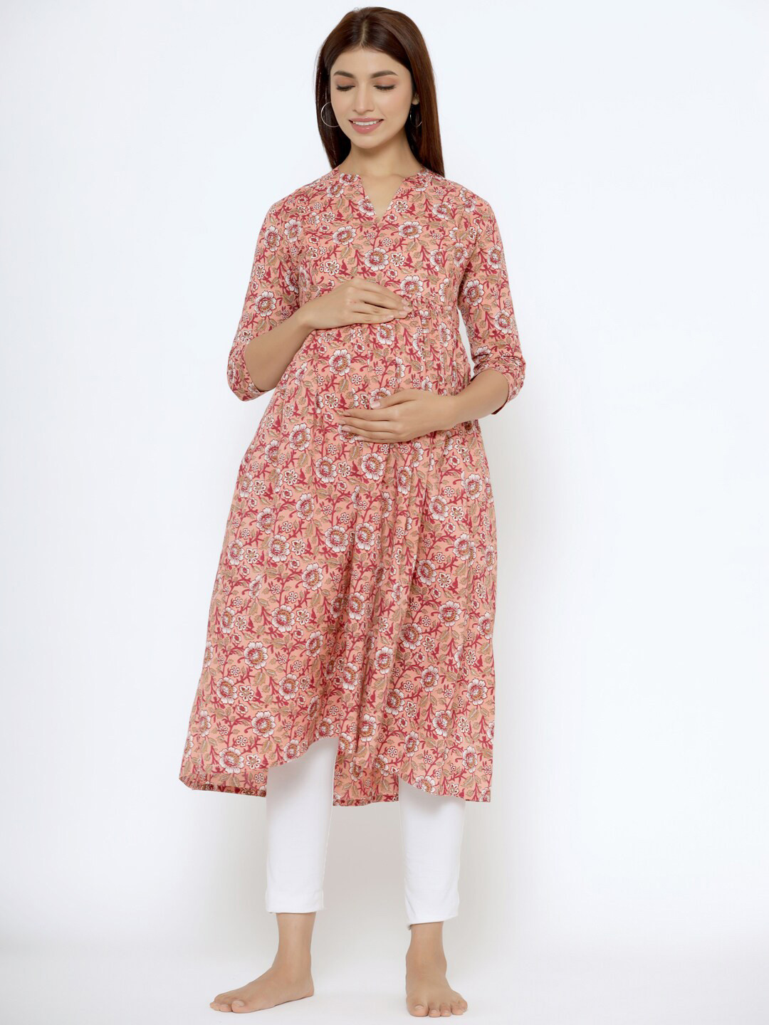 CRAFIQA Floral Printed Pure Cotton Maternity & Nursing Kurta, Peach 
CRAFIQA Floral Printed Pure Cotton Maternity & Nursing Kurta, Peach