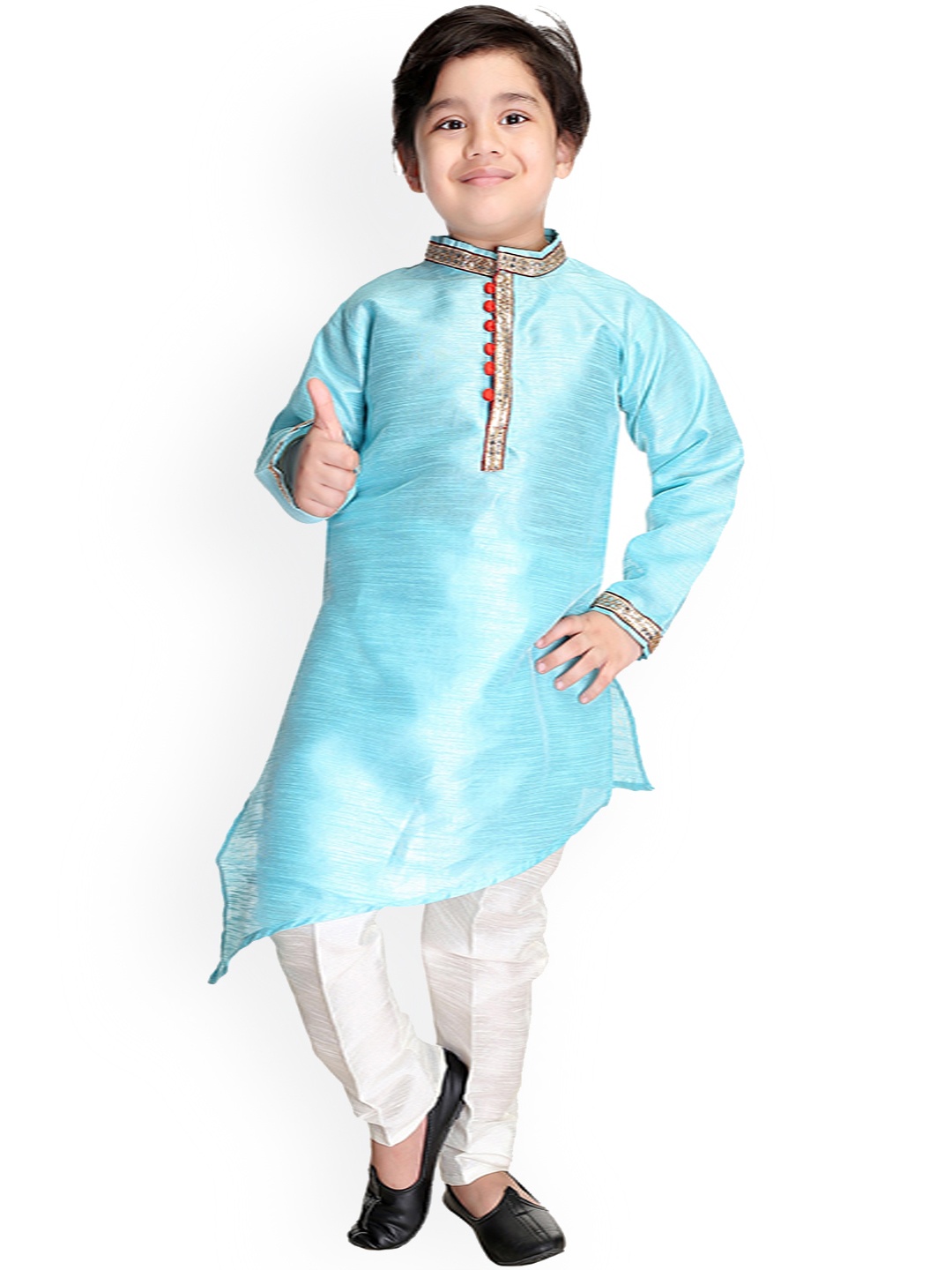 BAESD Boys Mandarin Collar Asymmetric Hem Dupion Silk Kurta With Pyjamas, Turquoise blue
BAESD Boys Mandarin Collar Asymmetric Hem Dupion Silk Kurta With Pyjamas, Turquoise blue