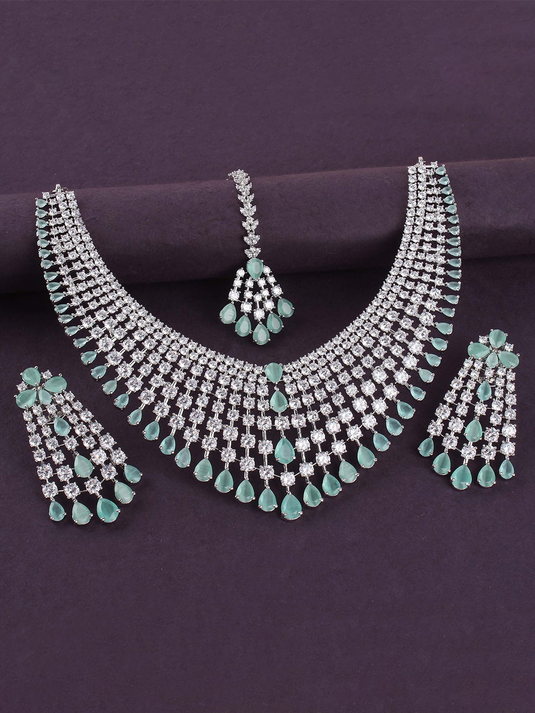 Mirana Rhodium Plated Charlie AD Stone Studded Bridal Jewellery Set With Maangtikka, Silver
Mirana Rhodium Plated Charlie AD Stone Studded Bridal Jewellery Set With Maangtikka, Silver