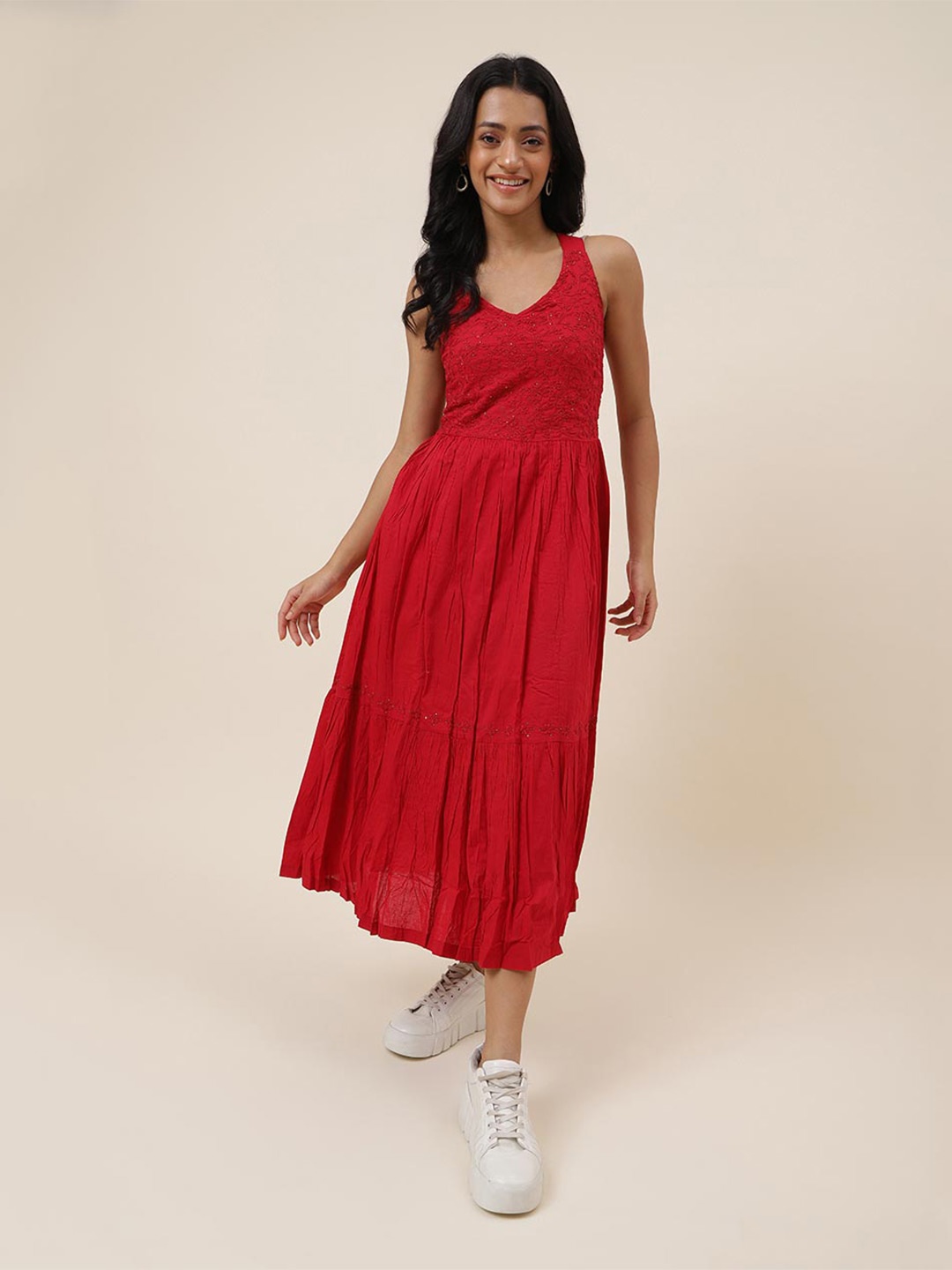 Fabindia Floral Embroidered V-Neck Sleeveless Sequined Tiered Cotton A-Line Maxi Dress, Red
Fabindia Floral Embroidered V-Neck Sleeveless Sequined Tiered Cotton A-Line Maxi Dress, Red