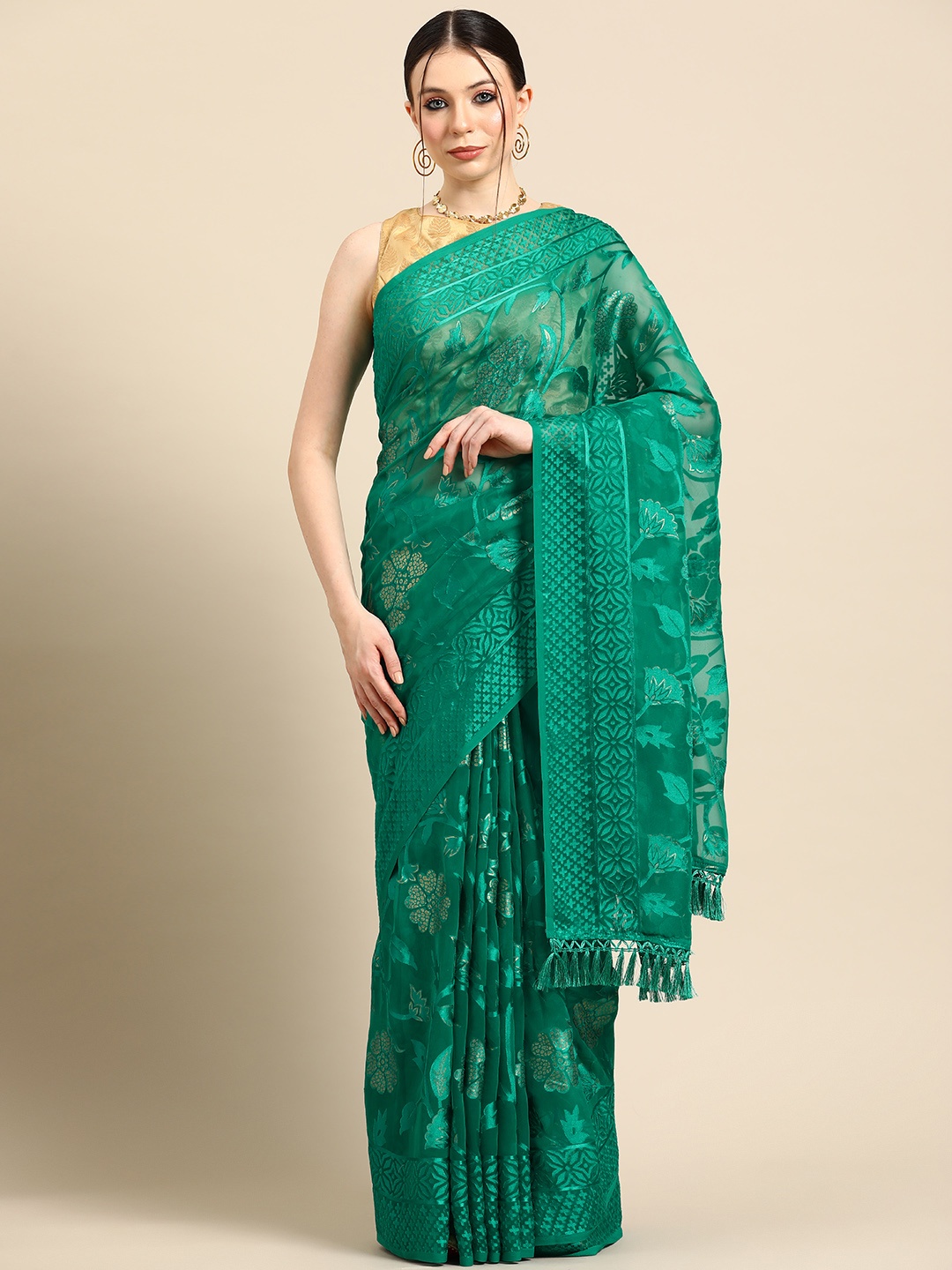 Tikhi Imli Floral Print Brasso Saree, Green