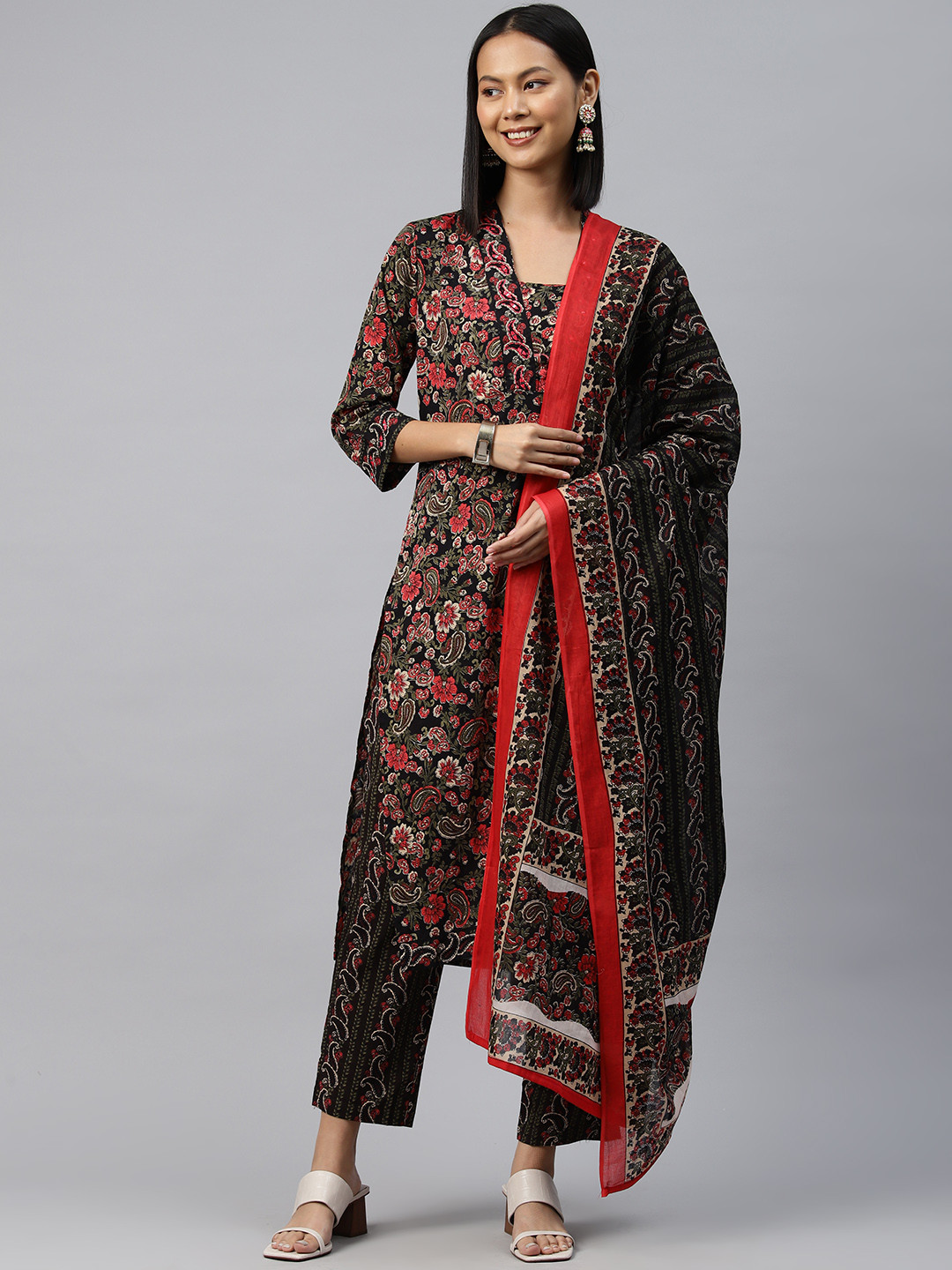 Readiprint Paisley Printed Mirror Work Pure Cotton Kurta with Trousers & Dupatta, Black
Readiprint Paisley Printed Mirror Work Pure Cotton Kurta with Trousers & Dupatta, Black