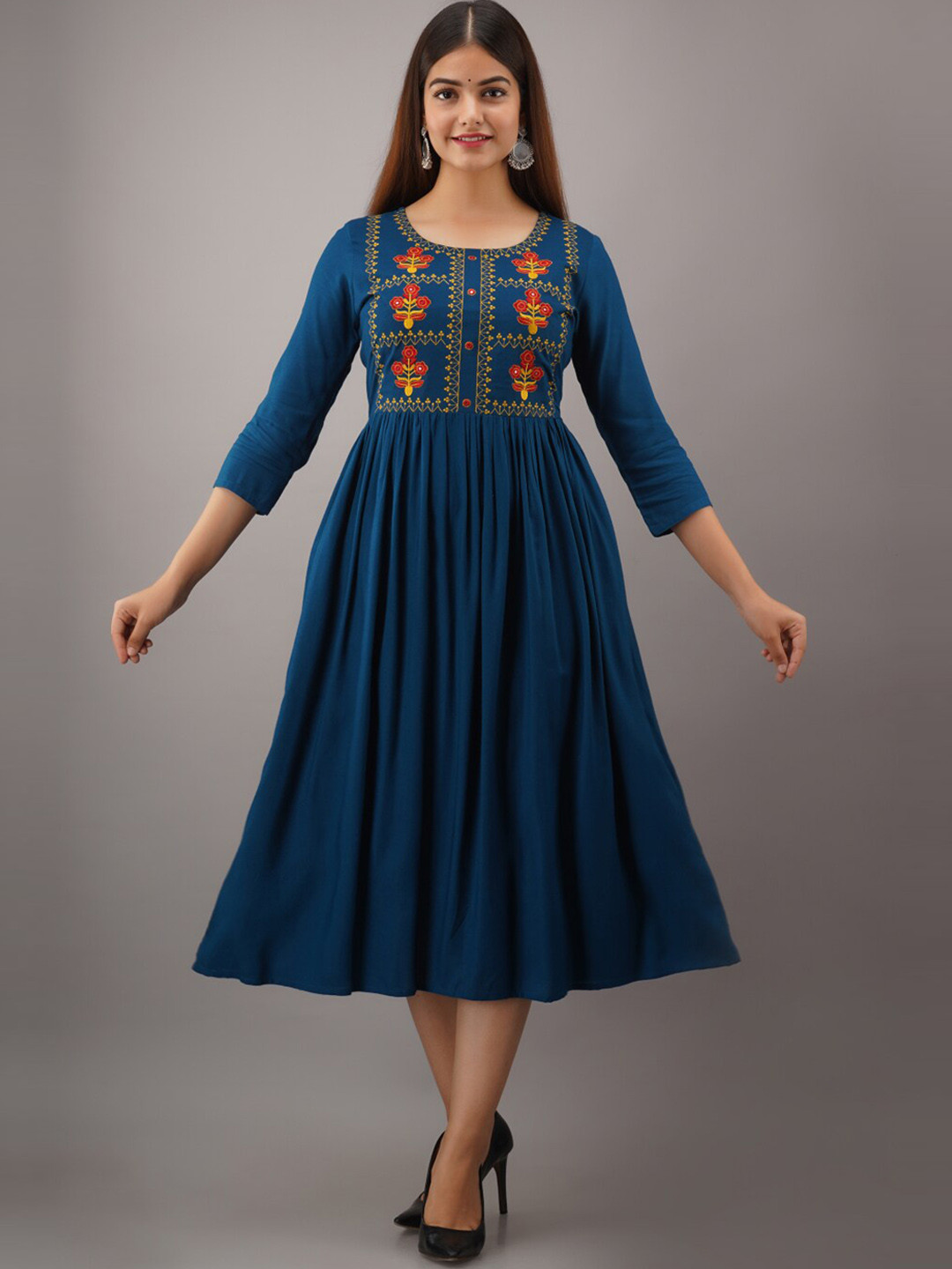 NISHABD Ethnic Motifs Embroidered A-Line Midi Dress, Teal
NISHABD Ethnic Motifs Embroidered A-Line Midi Dress, Teal