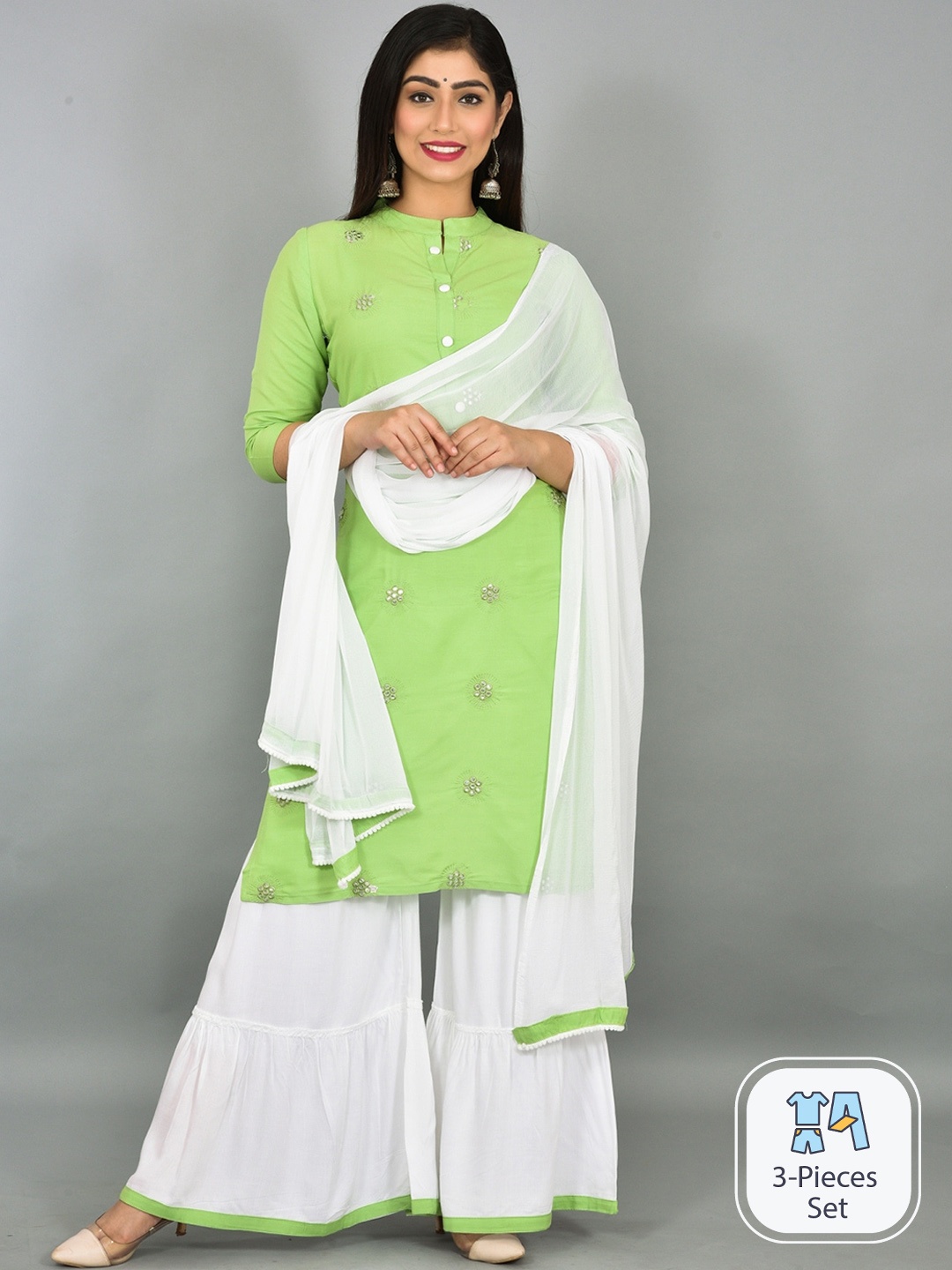 KALINI Ethnic Motifs Embroidered Mirror Work Kurta With Sharara & Dupatta, Green
KALINI Ethnic Motifs Embroidered Mirror Work Kurta With Sharara & Dupatta, Green