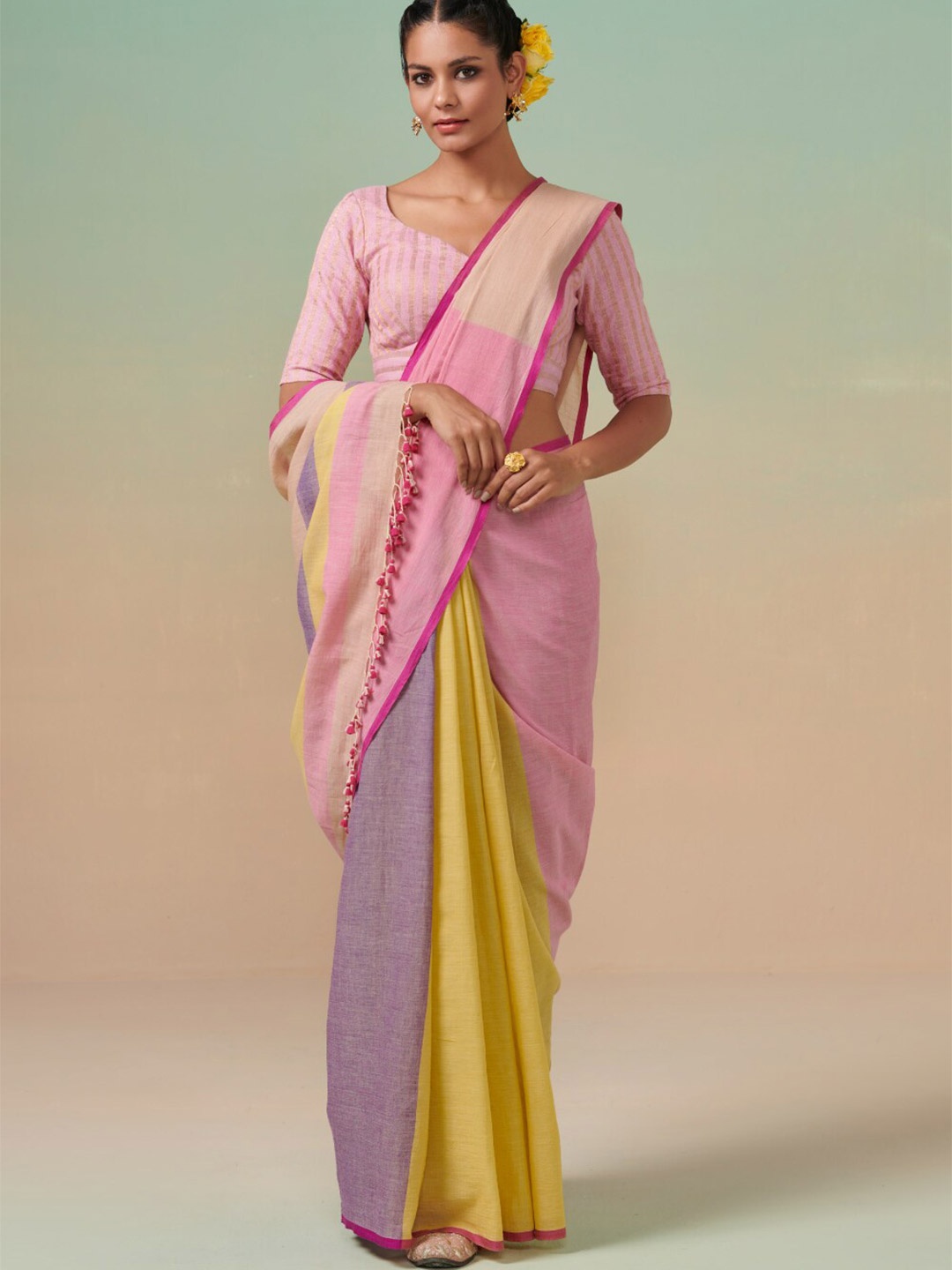 Dressfolk Colourblocked Pure Cotton Saree, Pink