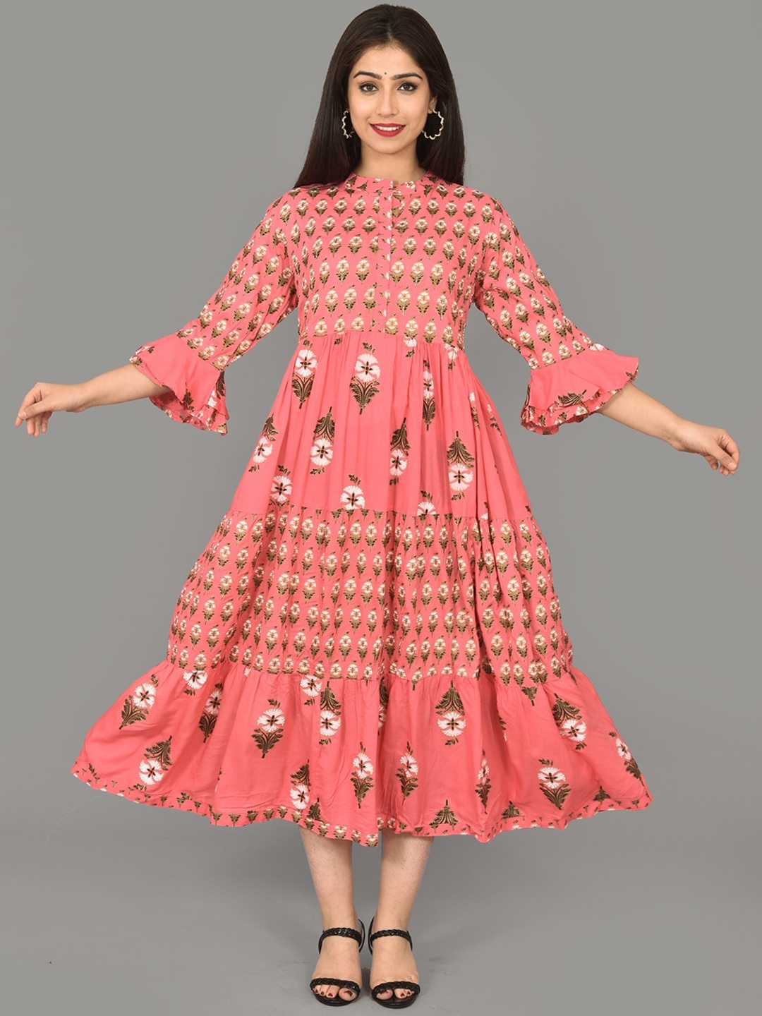 KALINI Mandarin Collar Floral Printed Tiered Gathers Bell Sleeve Fit & Flare Ethnic Dress, Pink
KALINI Mandarin Collar Floral Printed Tiered Gathers Bell Sleeve Fit & Flare Ethnic Dress, Pink