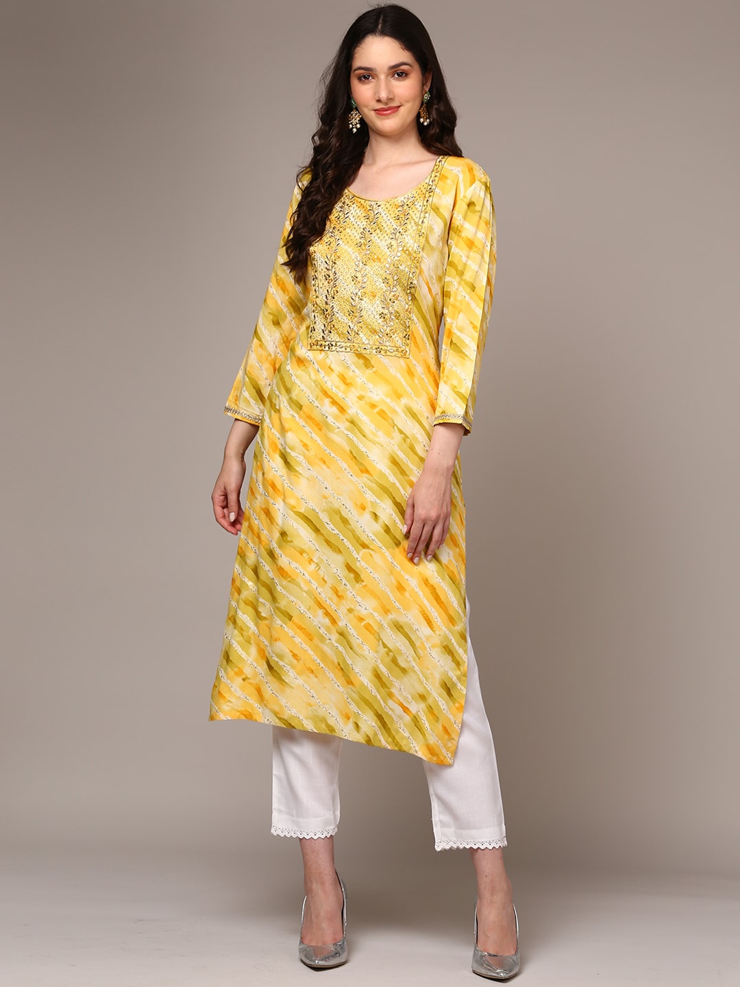 AHIKA Leheriya Printed Thread Work Straight Kurta, Yellow