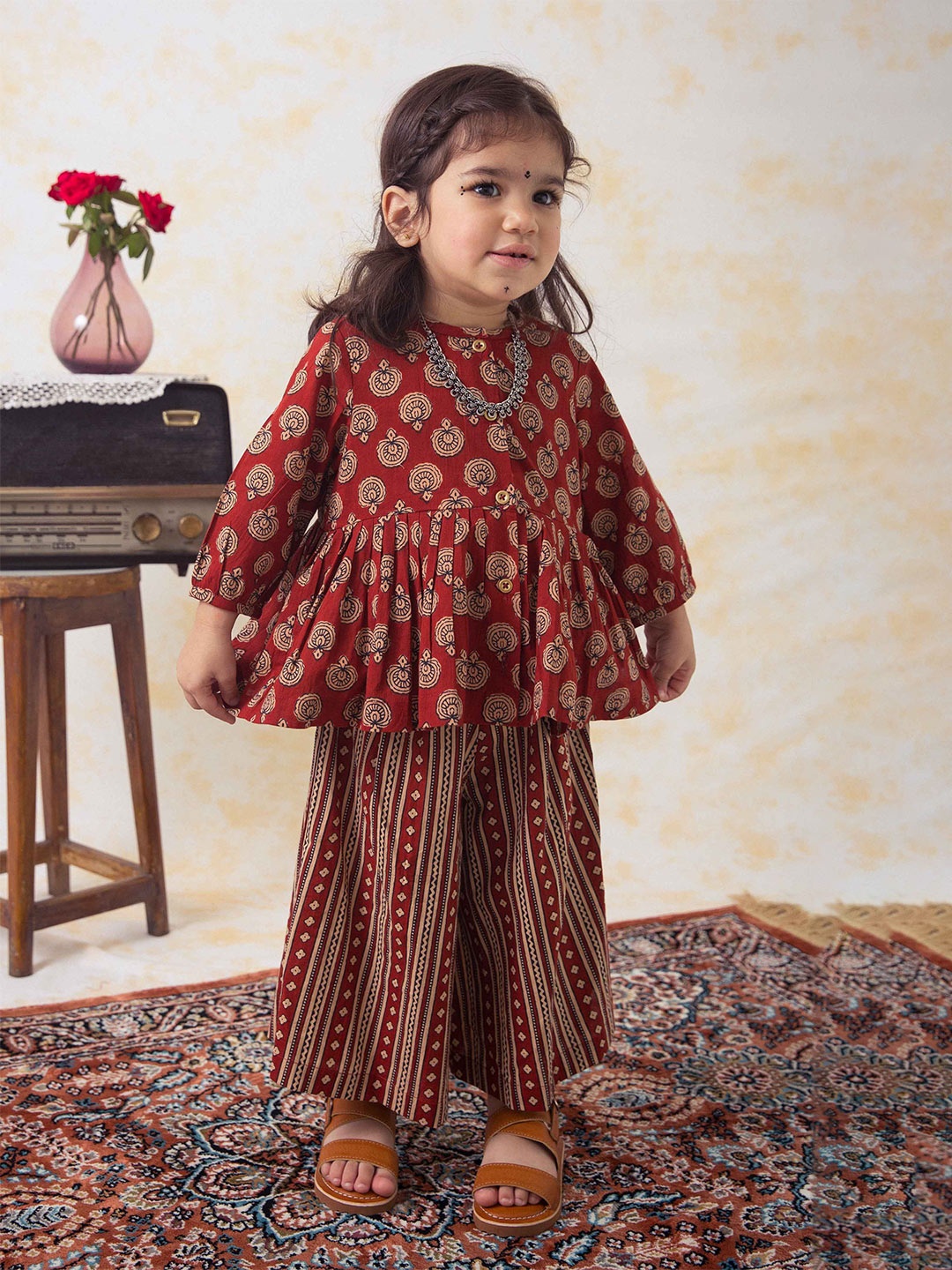Tiber Taber Girls Ethnic Motifs Printed Gathered Pure Cotton Top with Palazzos, Brown
Tiber Taber Girls Ethnic Motifs Printed Gathered Pure Cotton Top with Palazzos, Brown